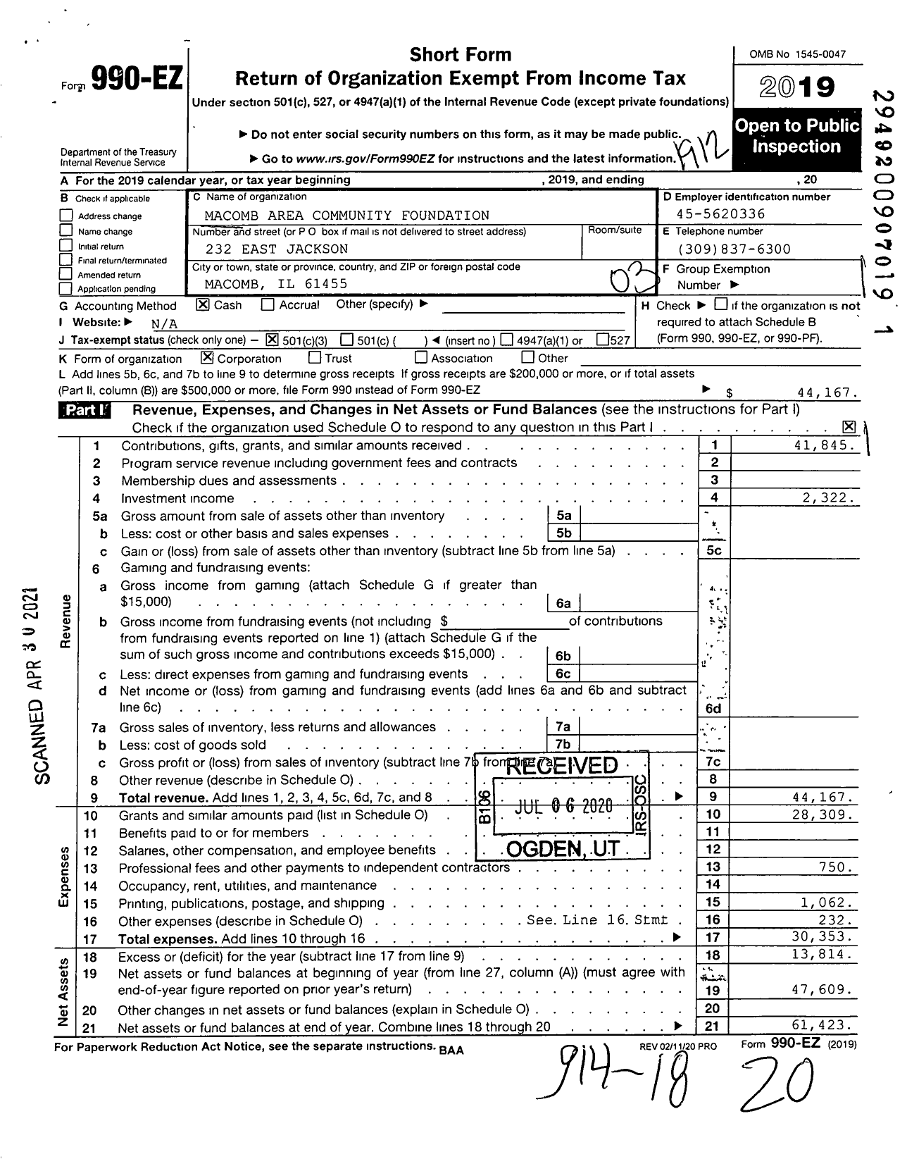 Image of first page of 2019 Form 990EZ for Mcdonough County Community Foundation