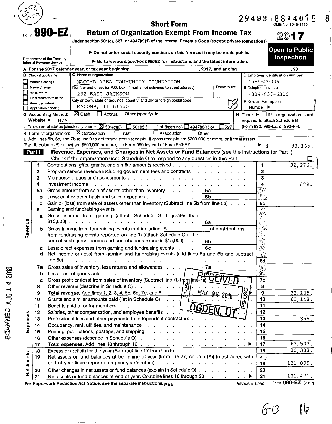 Image of first page of 2017 Form 990EZ for Mcdonough County Community Foundation