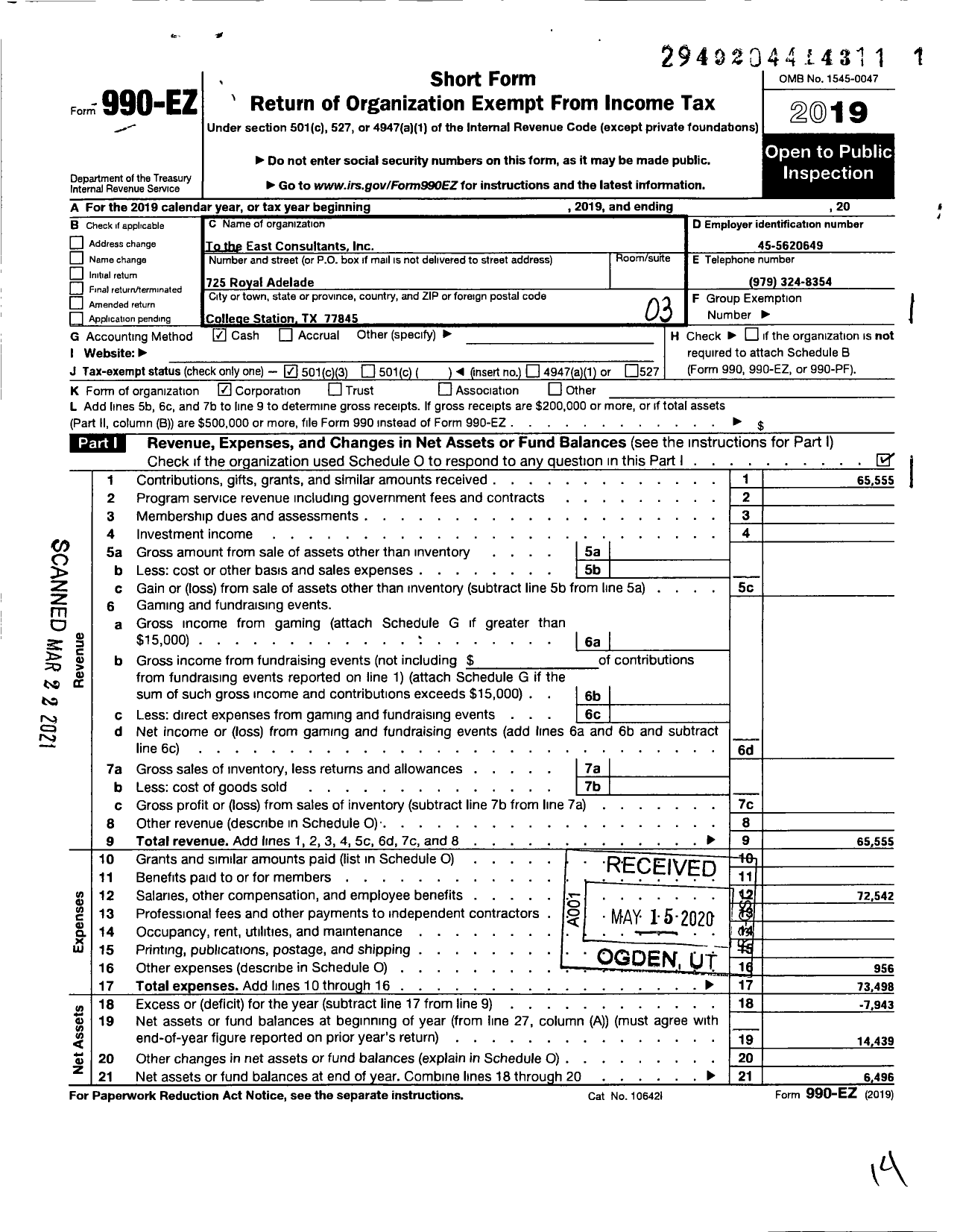 Image of first page of 2019 Form 990EZ for To the East Consultants