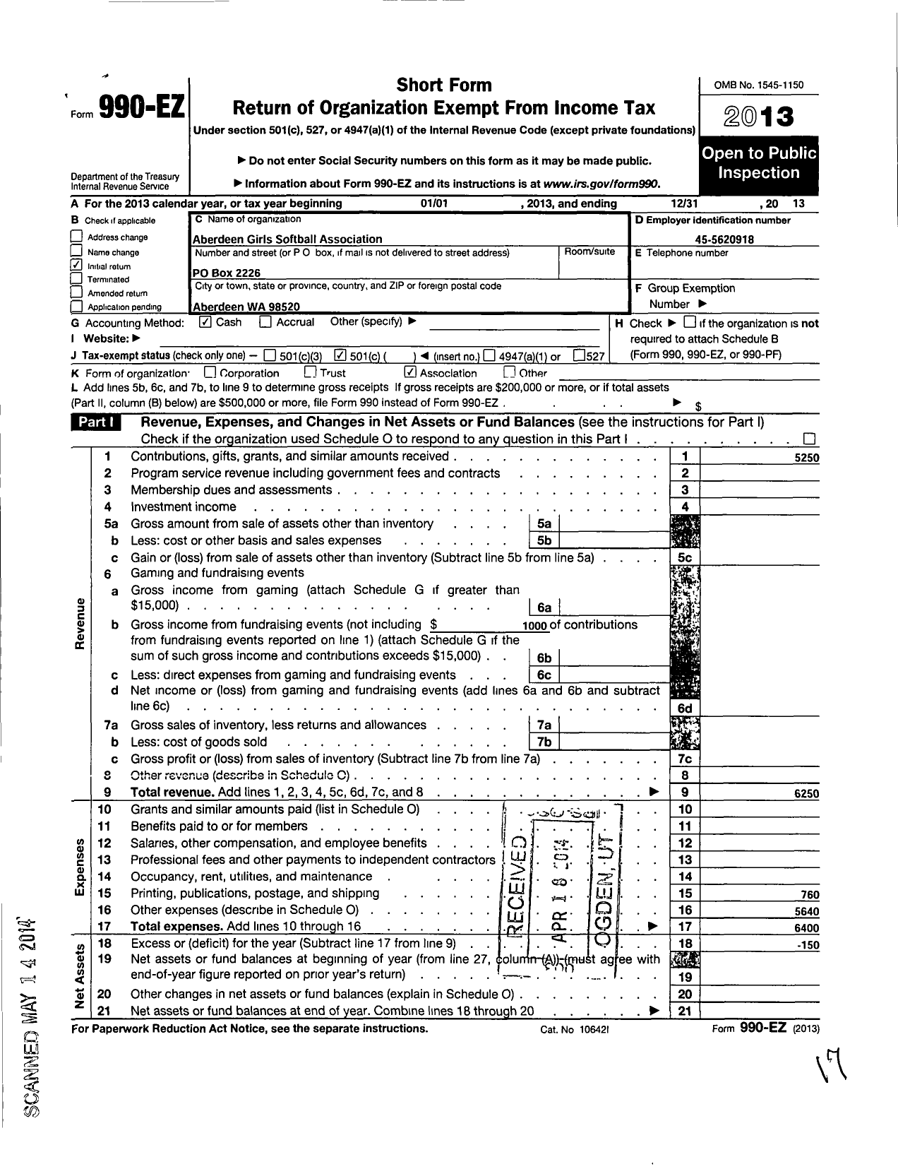 Image of first page of 2013 Form 990EO for Aberdeen Girls Softball Association