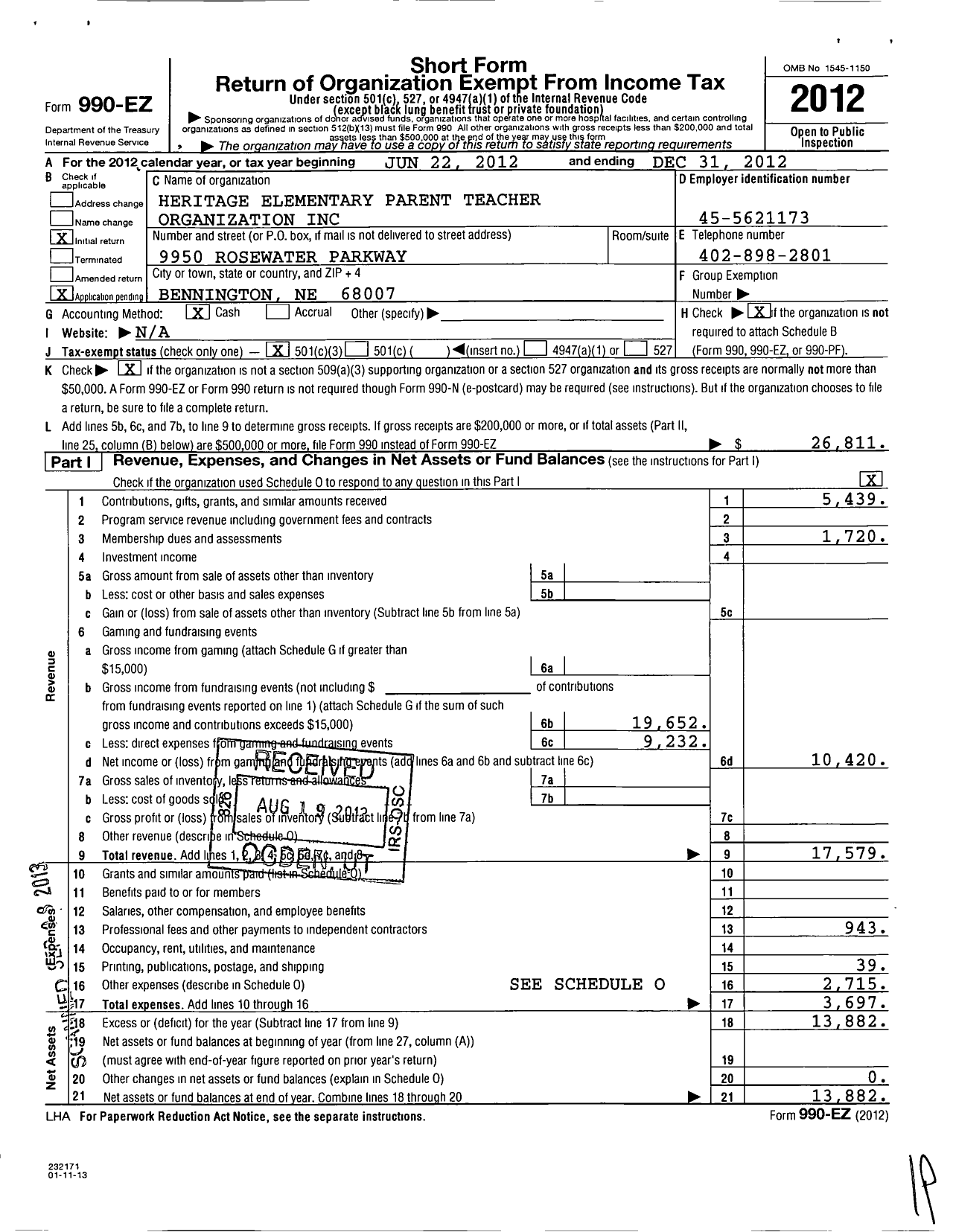 Image of first page of 2012 Form 990EZ for Heritage Elementary Parent Teacher Organization