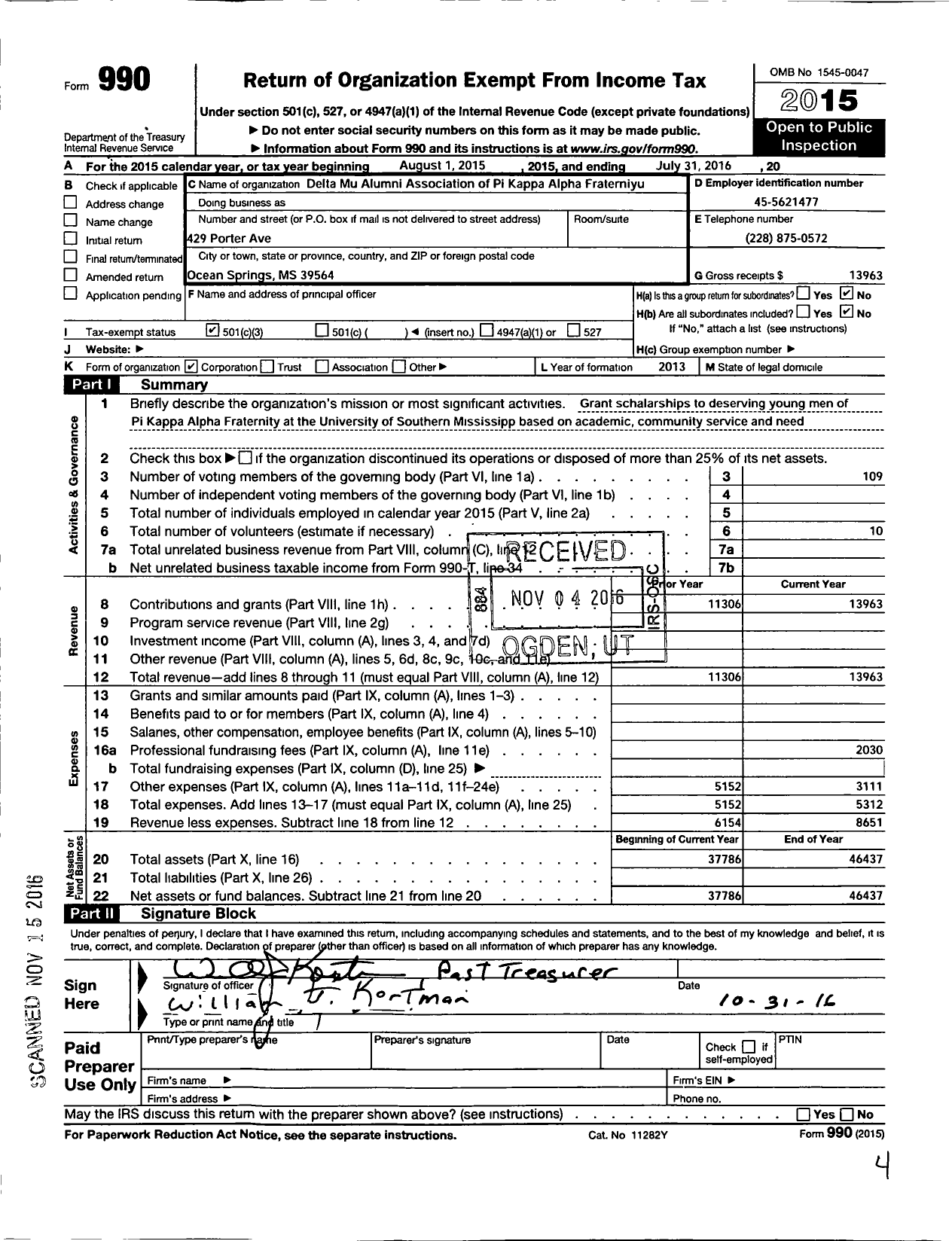 Image of first page of 2015 Form 990 for Pi Kappa Alpha Fraternity / Delta Mu Alumni Association