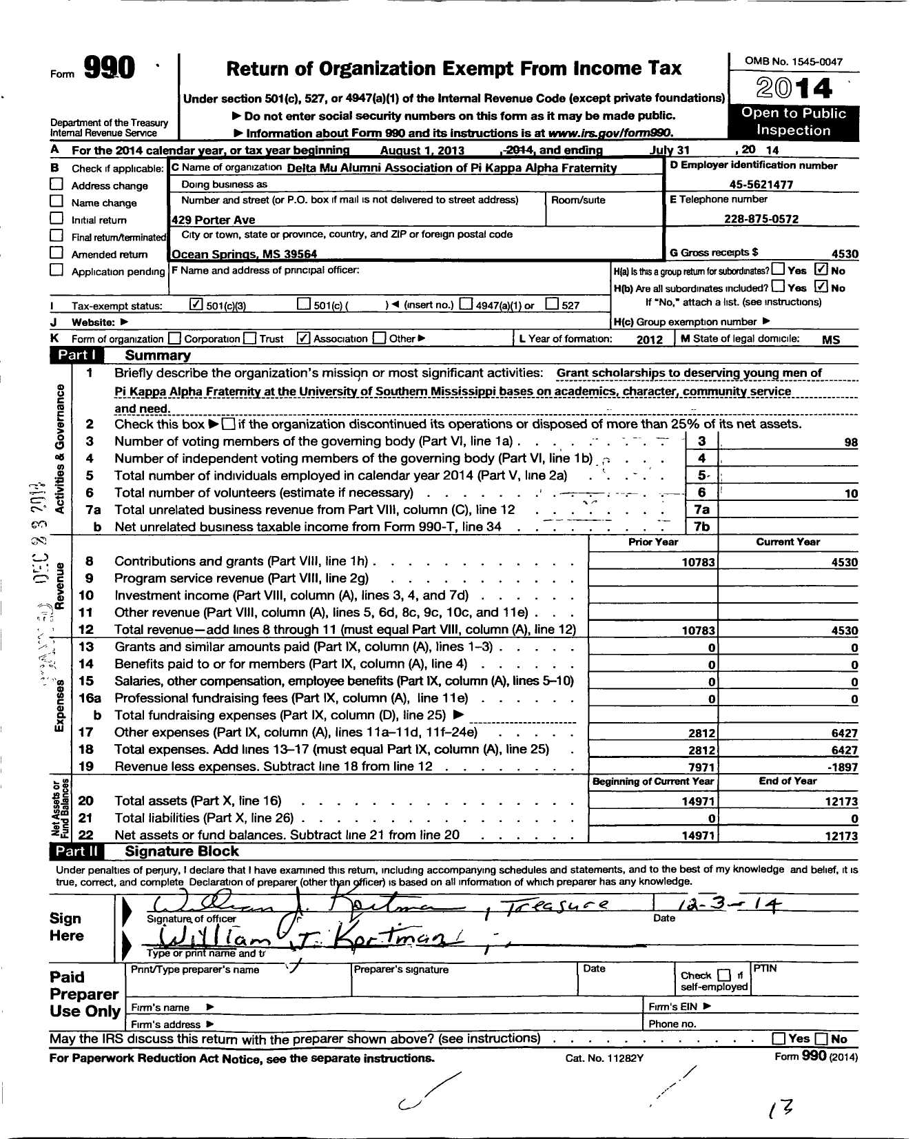 Image of first page of 2013 Form 990 for Pi Kappa Alpha Fraternity / Delta Mu Alumni Association