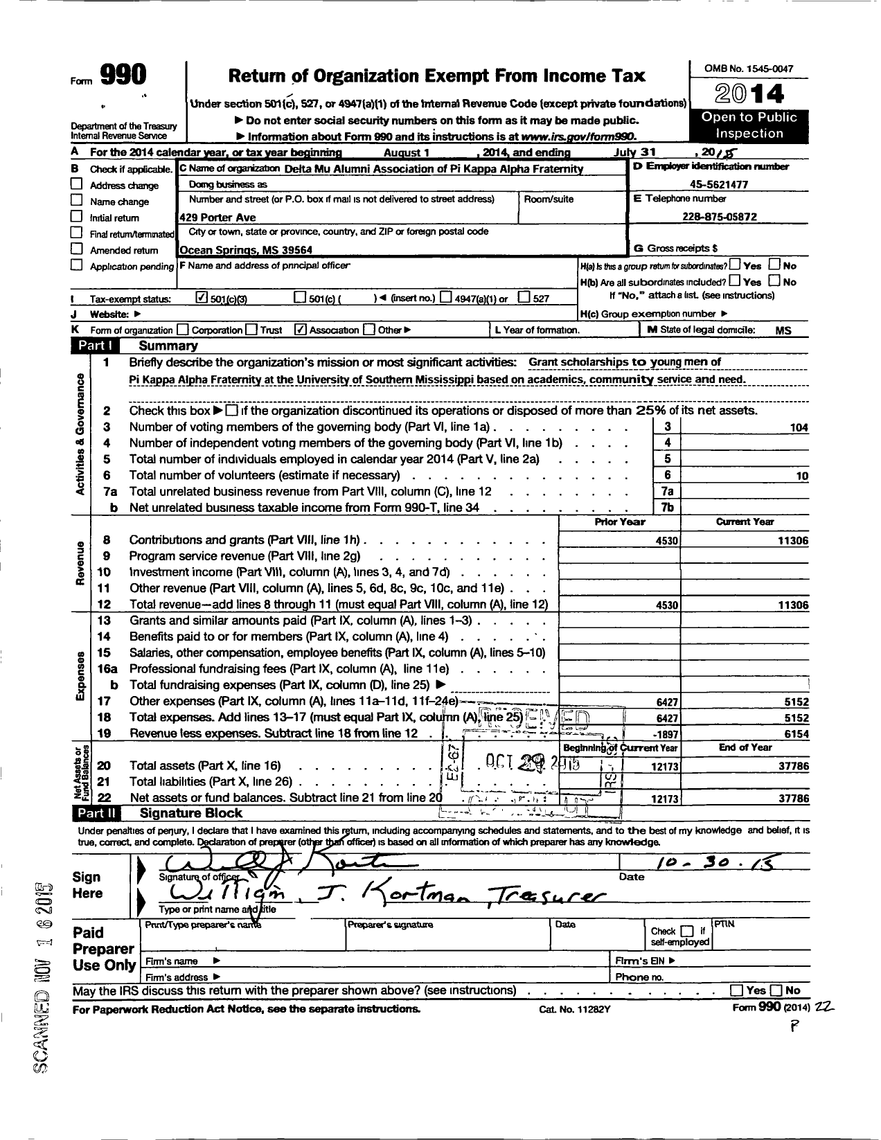 Image of first page of 2014 Form 990 for Pi Kappa Alpha Fraternity / Delta Mu Alumni Association