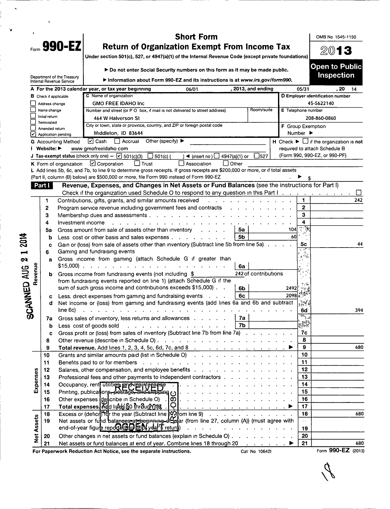 Image of first page of 2013 Form 990EZ for Gmo Free Idaho