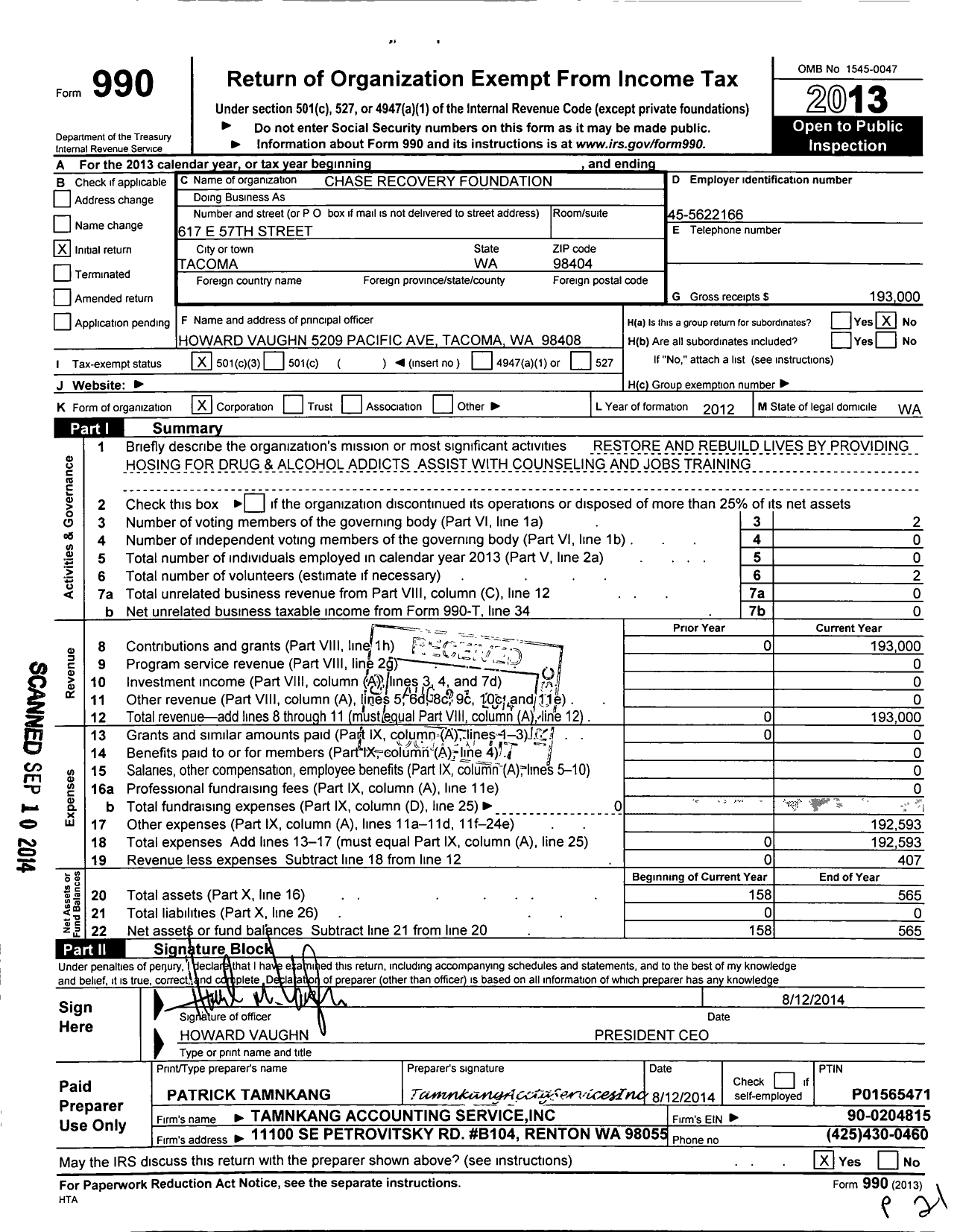 Image of first page of 2013 Form 990 for Chase Recovery Foundation