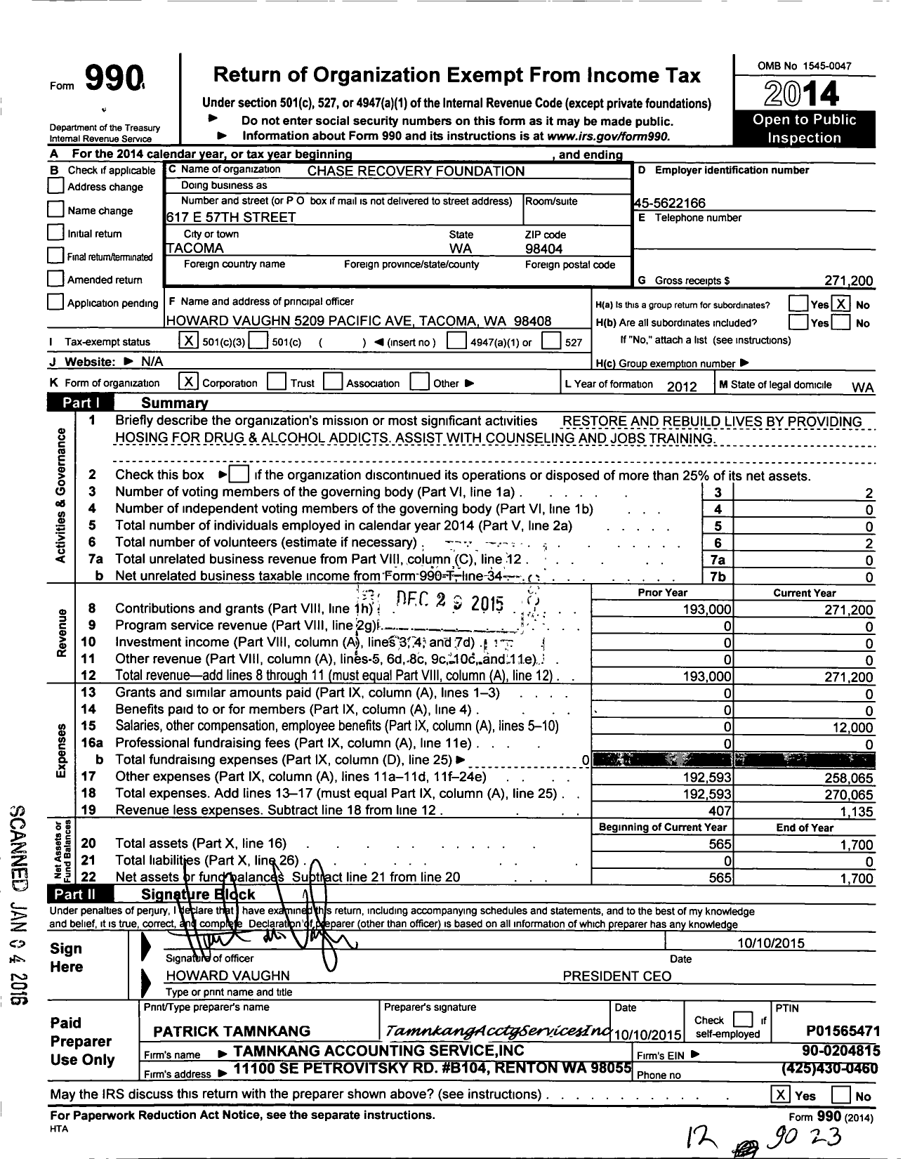 Image of first page of 2014 Form 990 for Chase Recovery Foundation