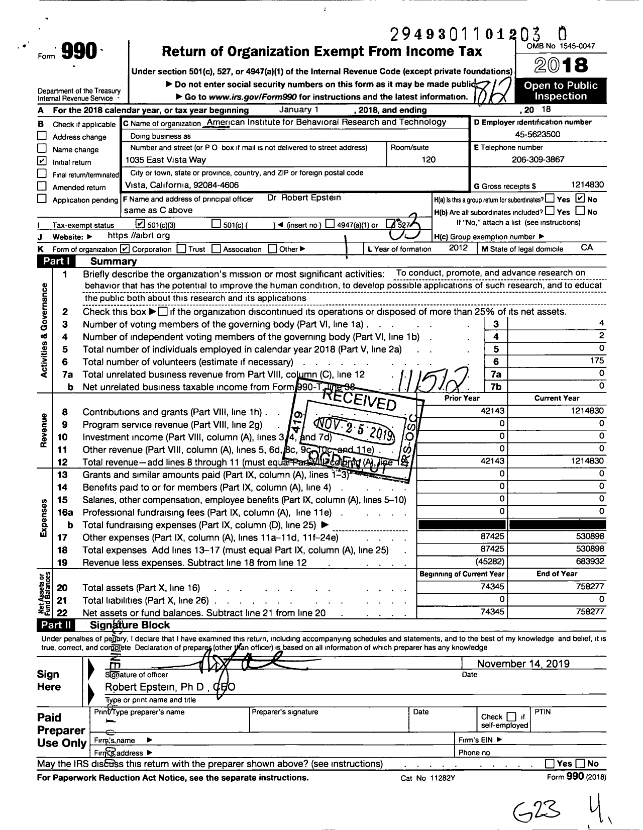 Image of first page of 2018 Form 990 for American Institute for Behavioral Research and Technology
