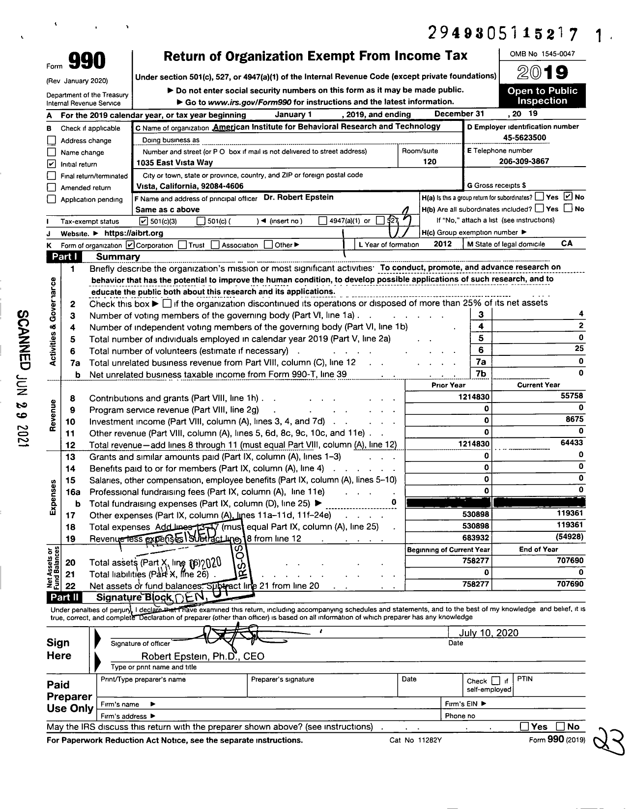 Image of first page of 2019 Form 990 for American Institute for Behavioral Research and Technology