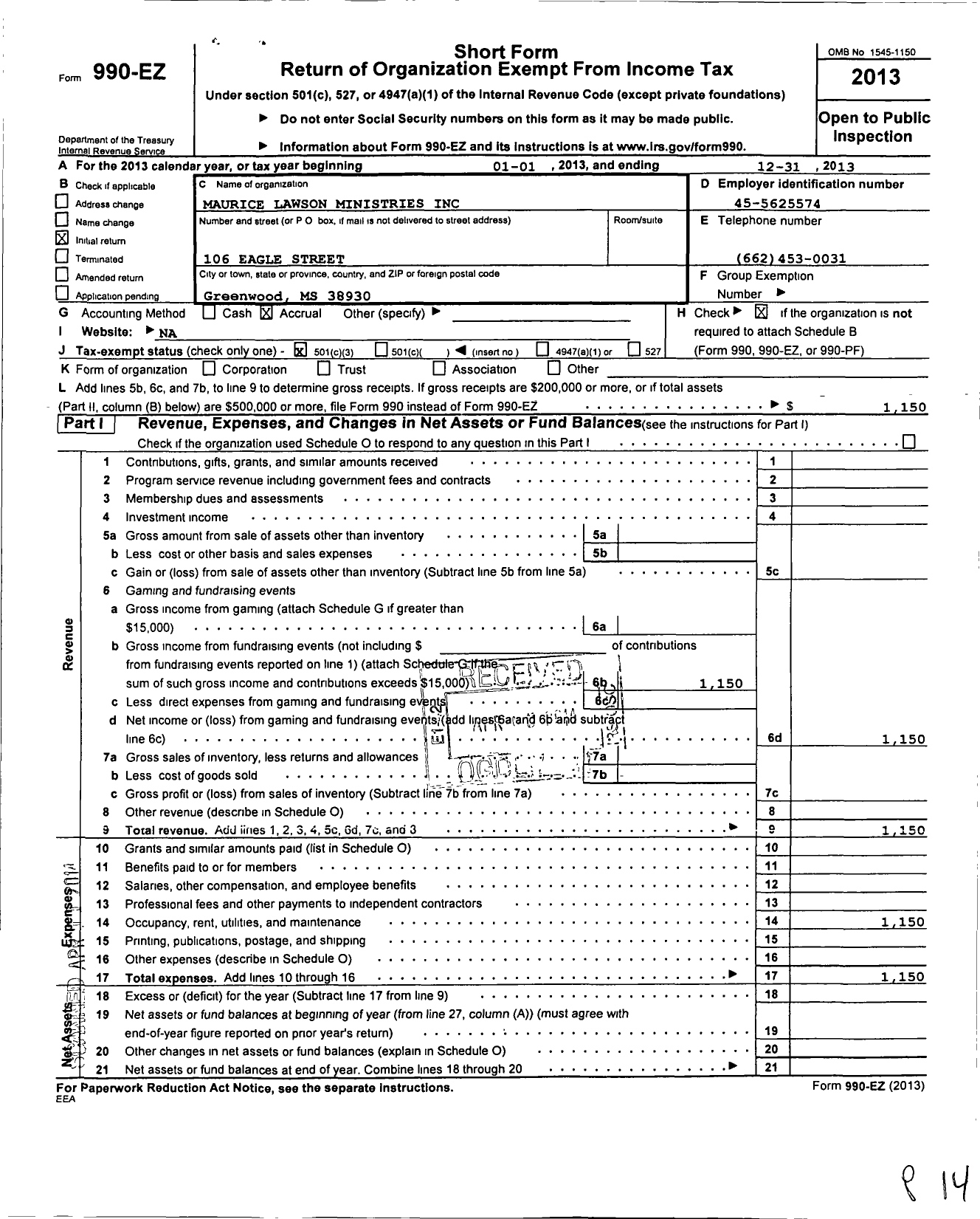 Image of first page of 2013 Form 990EZ for Maurice Lawson Ministries