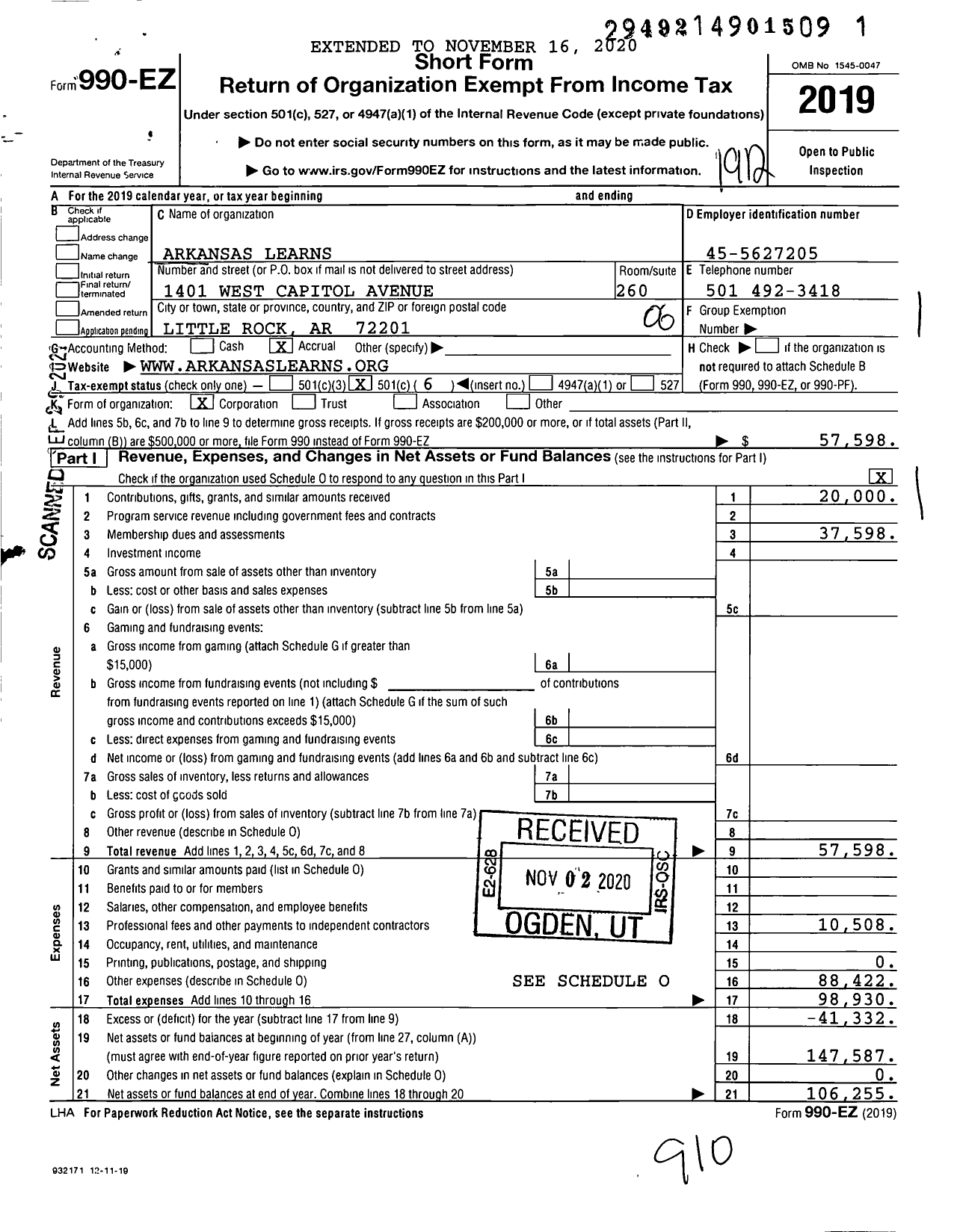 Image of first page of 2019 Form 990EO for Arkansas Learns