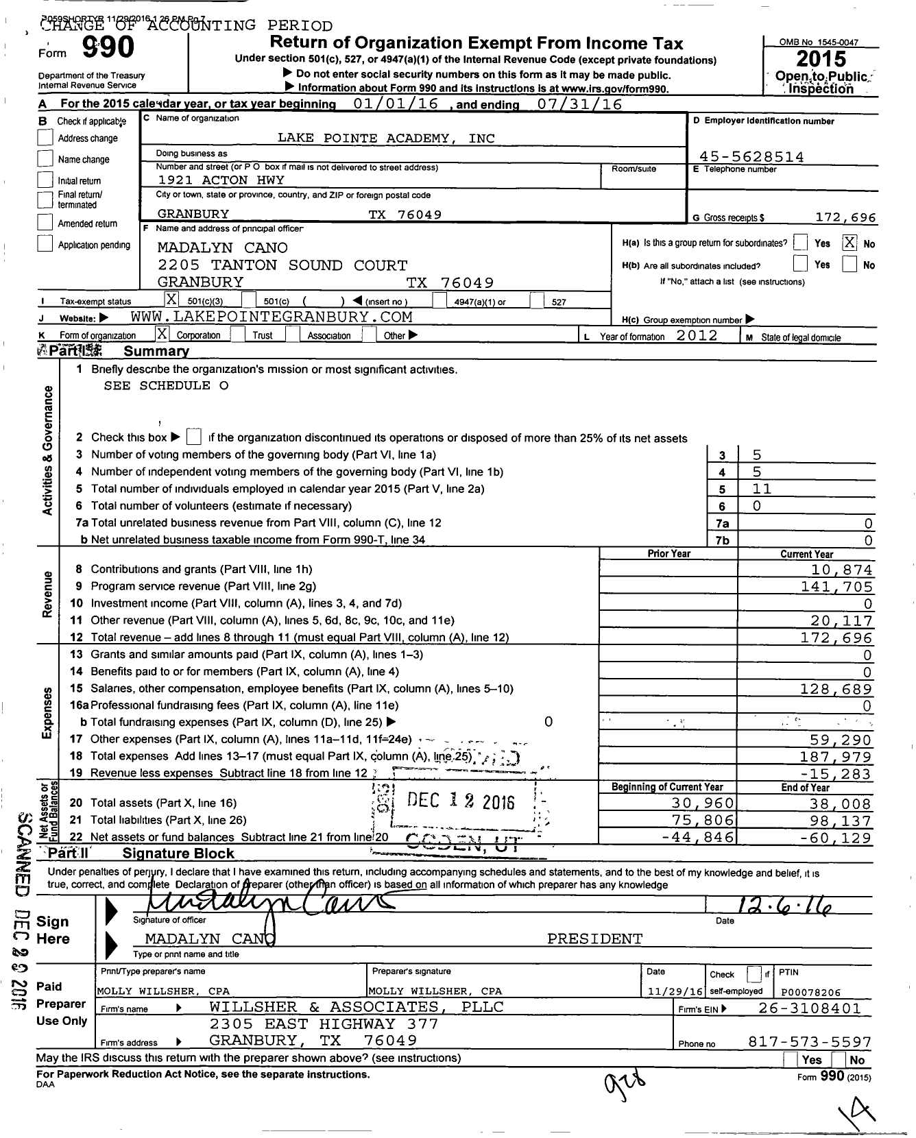 Image of first page of 2015 Form 990 for Lake Pointe Academy