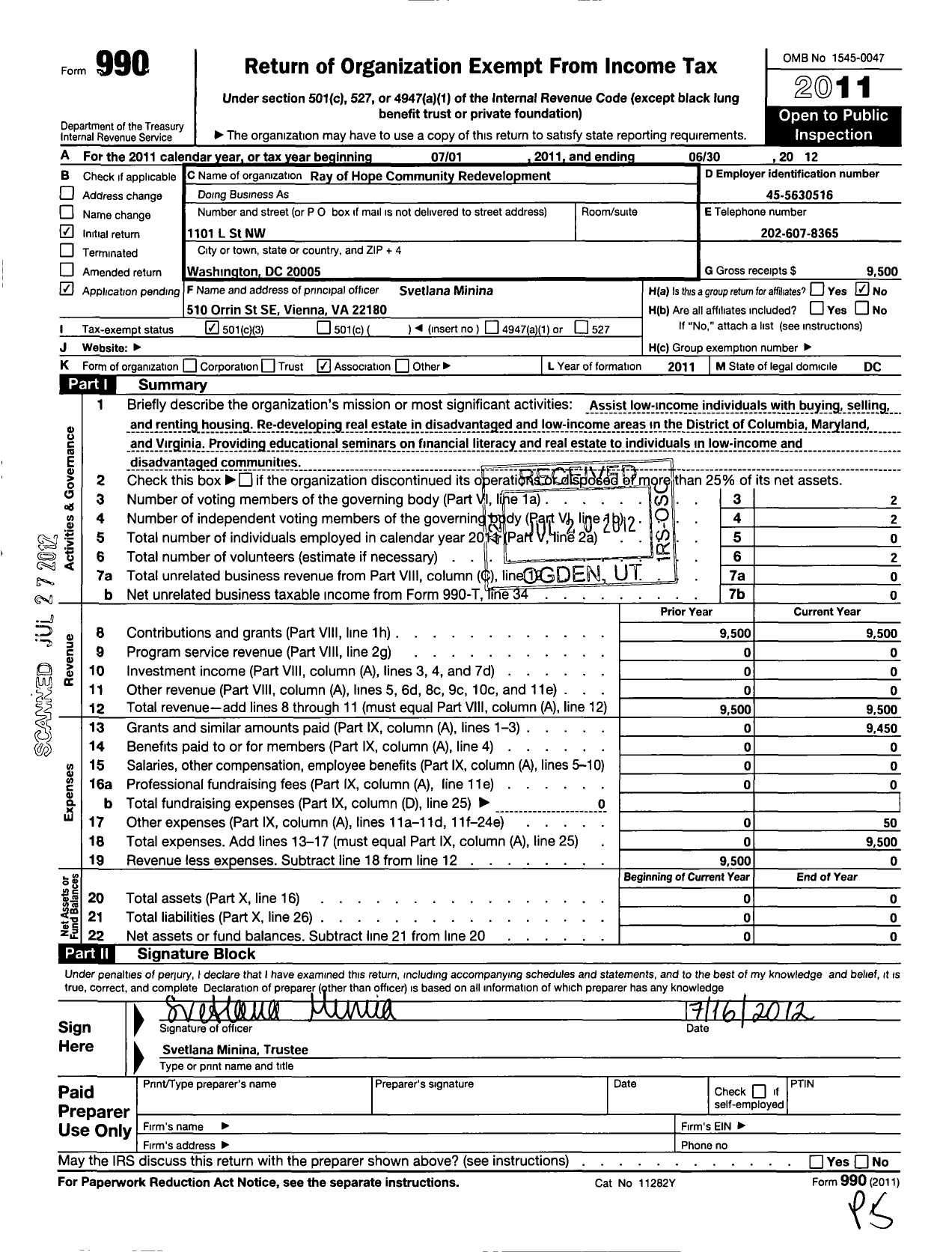Image of first page of 2011 Form 990 for Ray of Hope Community Redevelopment