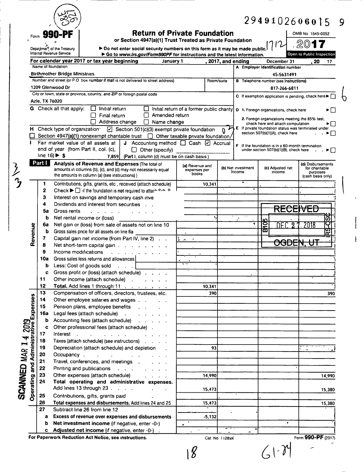 Image of first page of 2017 Form 990PF for Birthmother Bridge Ministries