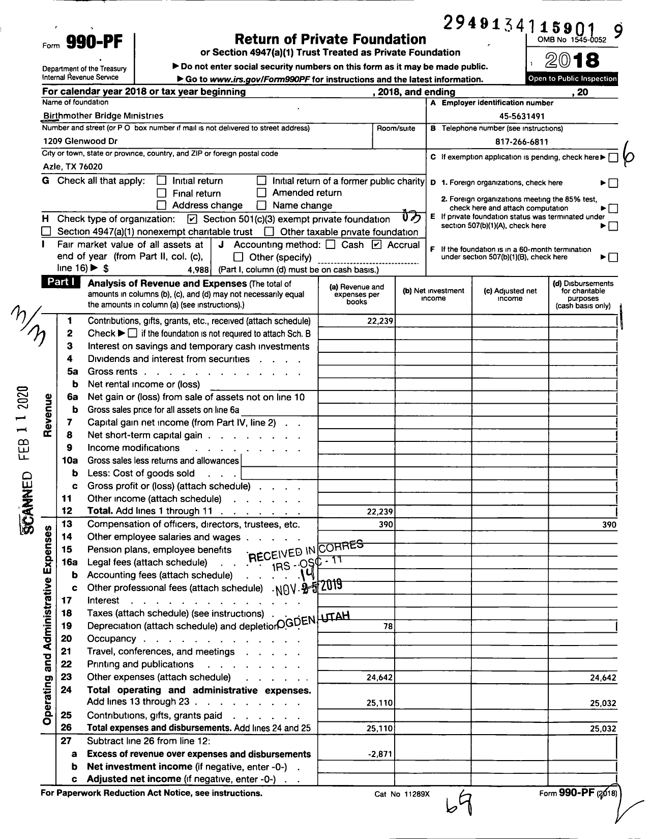 Image of first page of 2018 Form 990PF for Birthmother Bridge Ministries