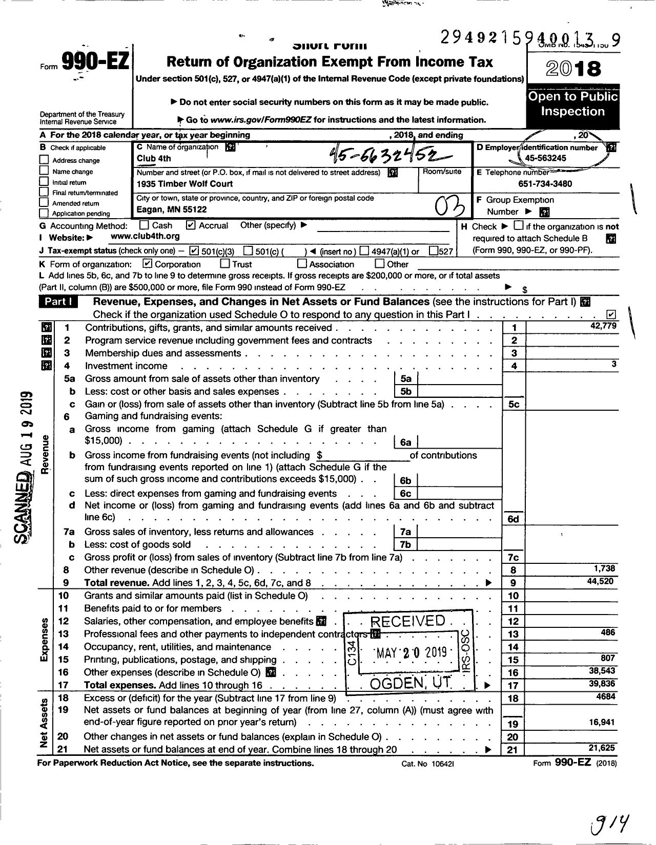 Image of first page of 2018 Form 990EZ for Club 4th