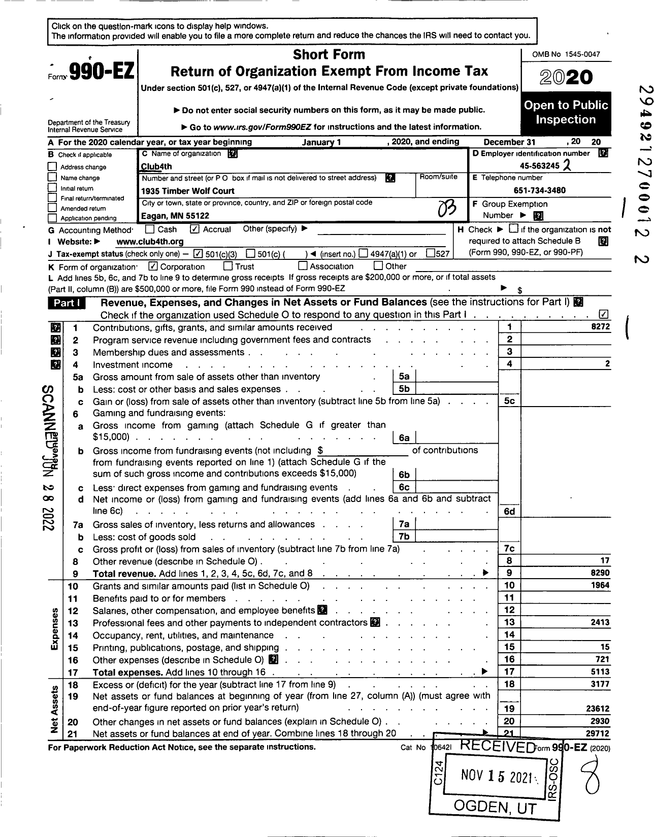 Image of first page of 2020 Form 990EZ for Club 4th