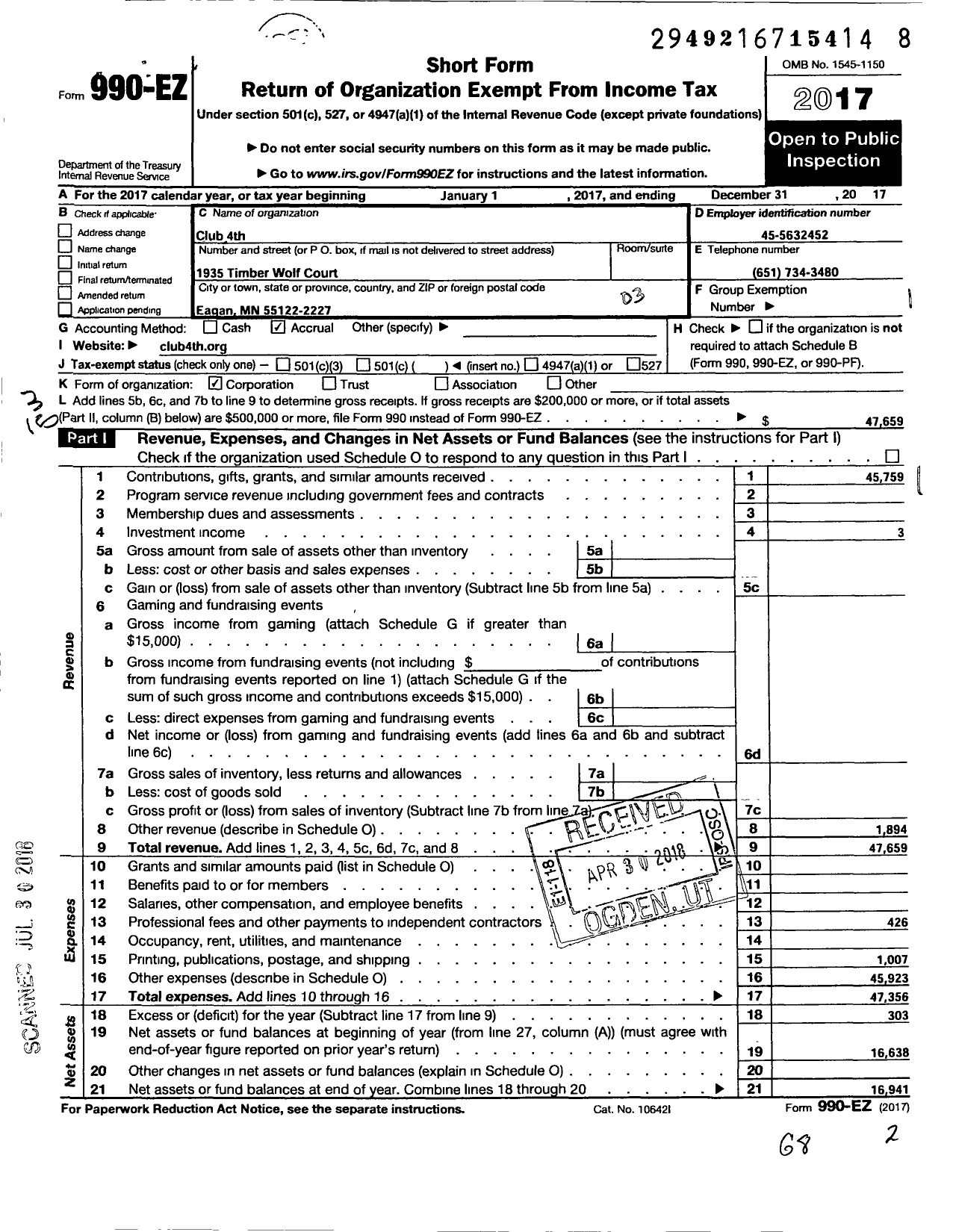 Image of first page of 2017 Form 990EZ for Club 4th