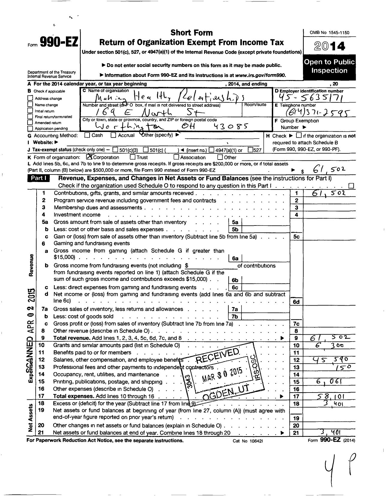 Image of first page of 2014 Form 990EO for Making Healthy Relationships