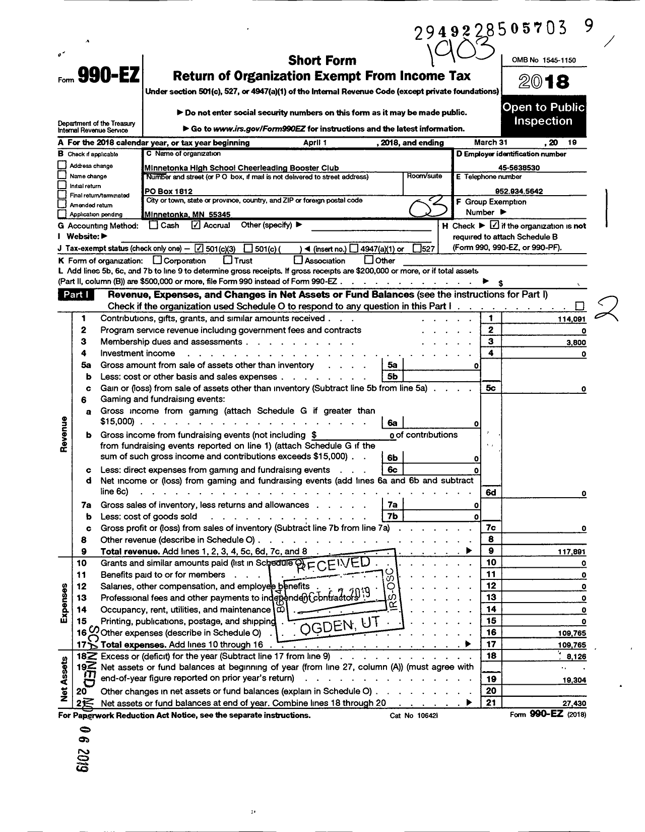 Image of first page of 2018 Form 990EZ for Minnetonka High School Cheerleading Booster Club