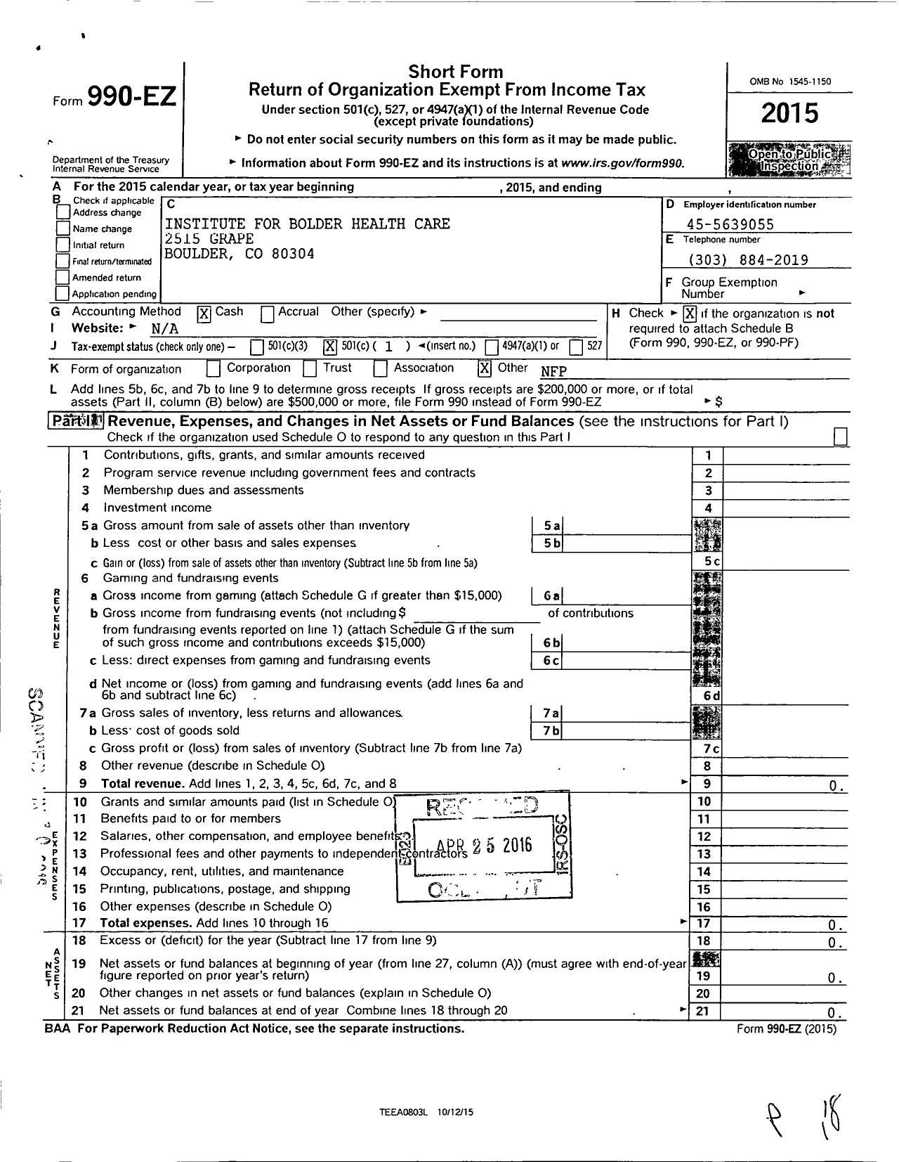 Image of first page of 2015 Form 990EO for Institute for Bolder Healthcare