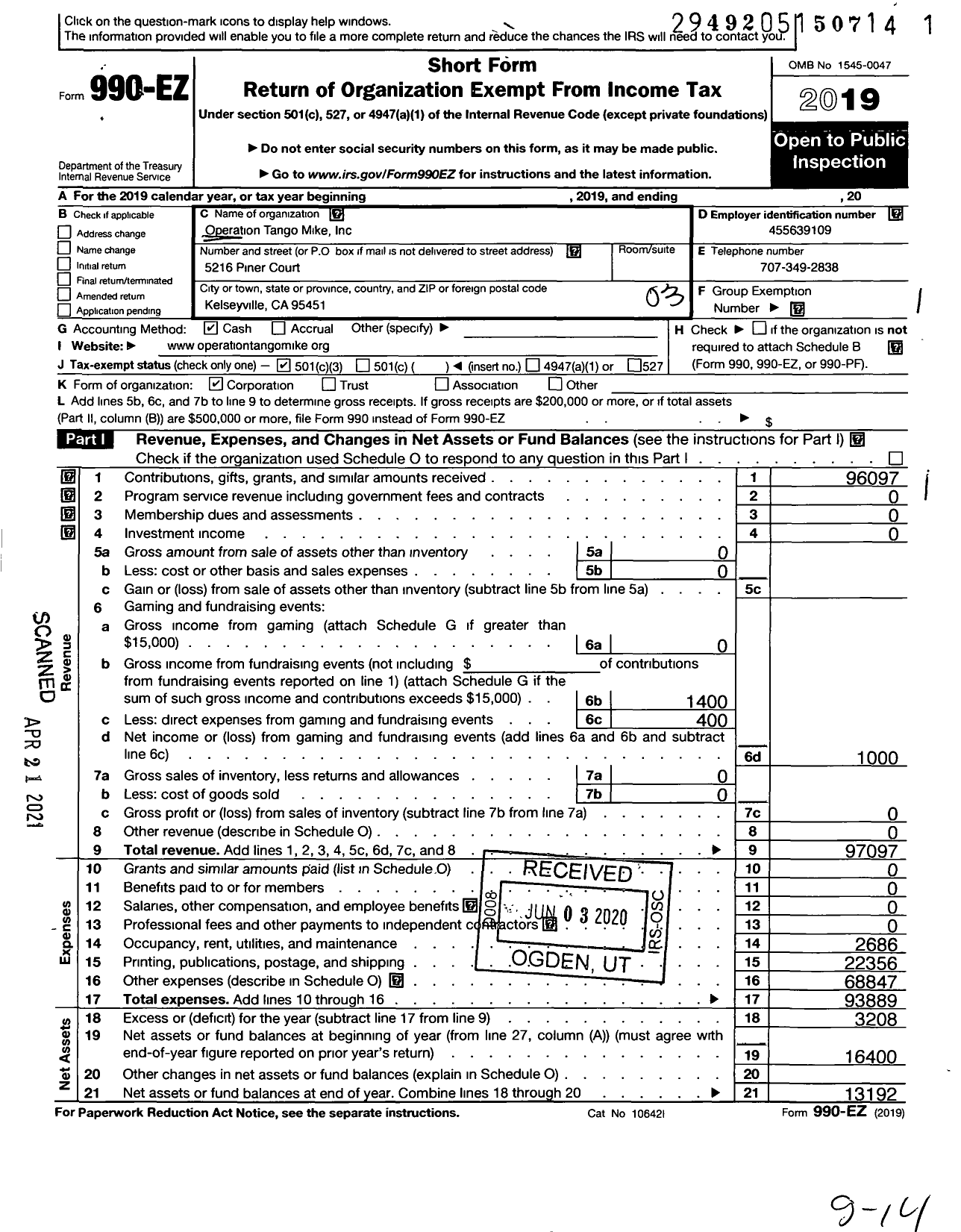 Image of first page of 2019 Form 990EZ for Operation Tango Mike