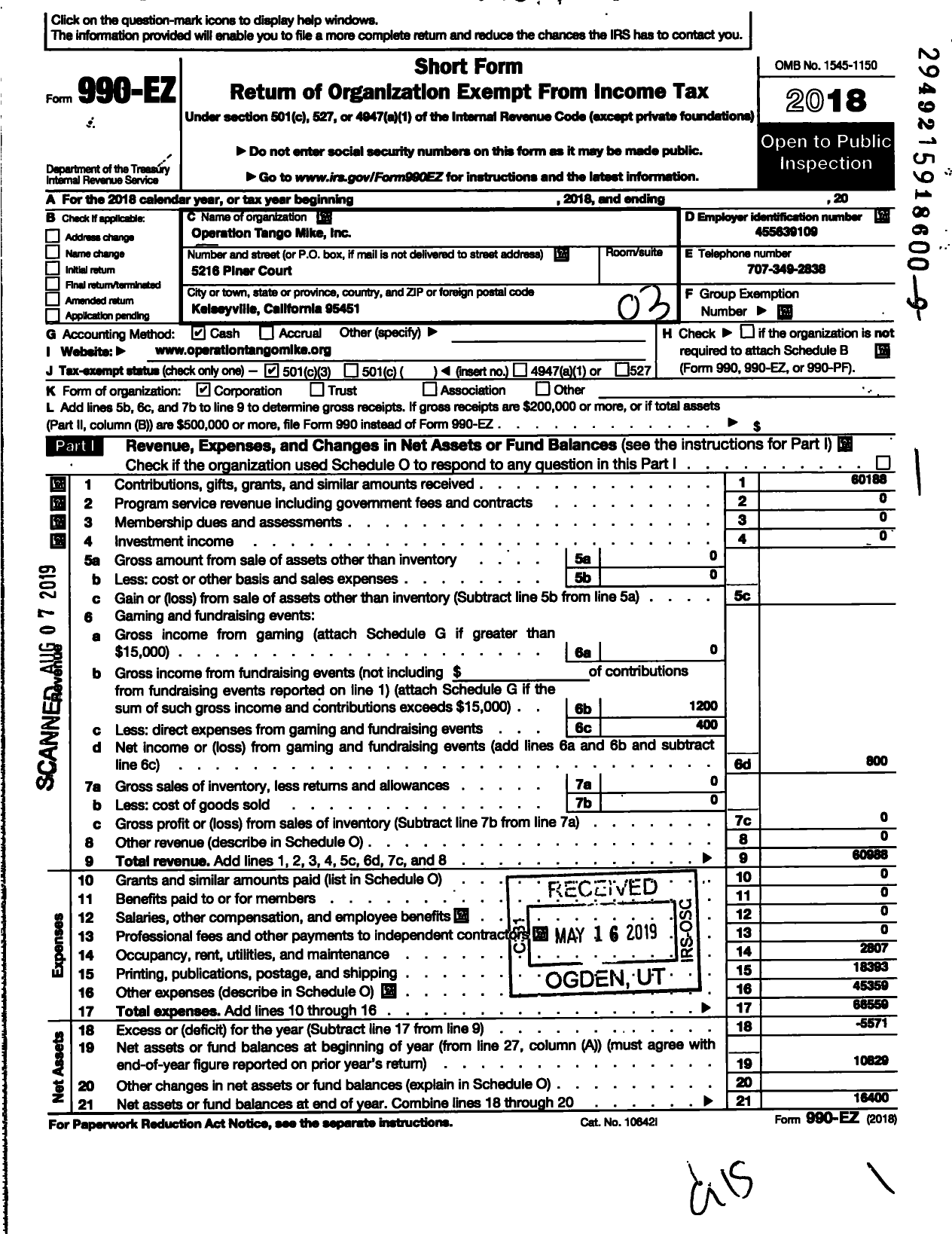 Image of first page of 2018 Form 990EZ for Operation Tango Mike