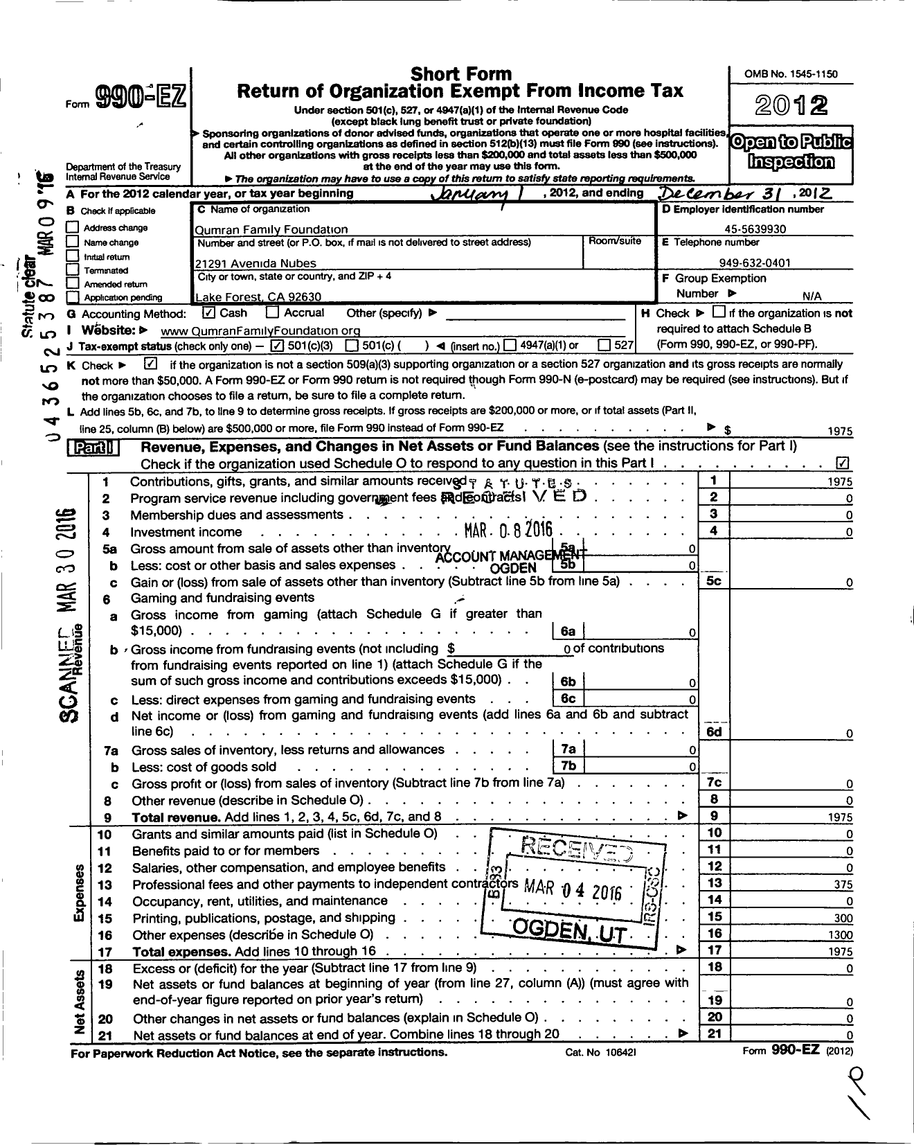 Image of first page of 2012 Form 990EZ for Qumran Family Foundation