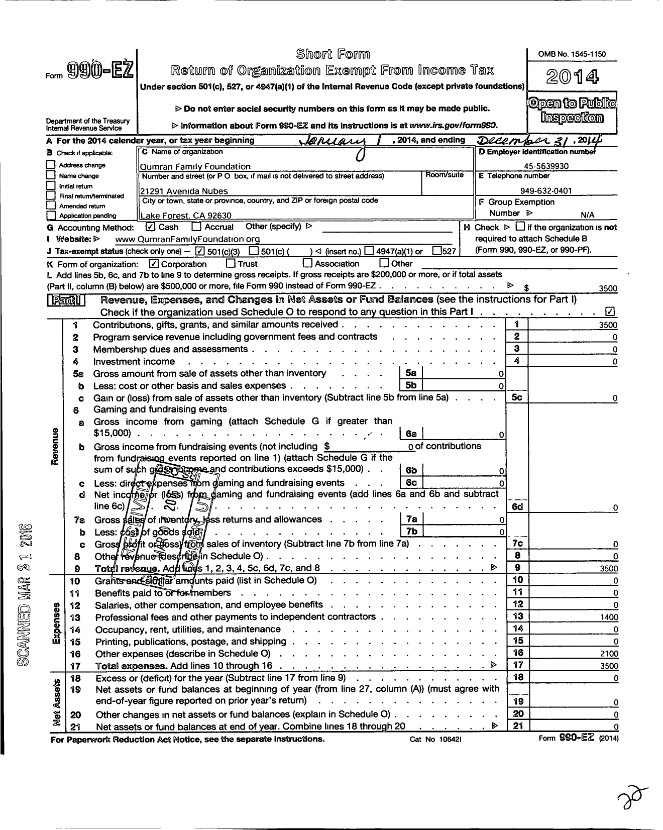 Image of first page of 2014 Form 990EZ for Qumran Family Foundation