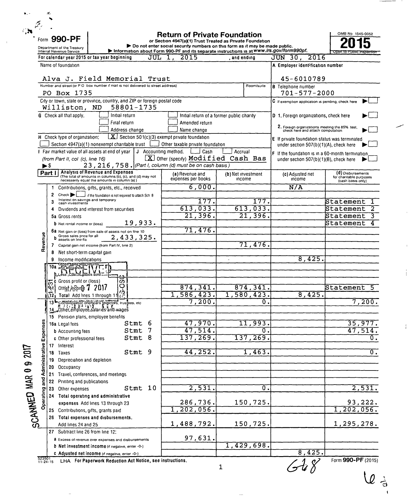 Image of first page of 2015 Form 990PF for Alva J Field Memorial Trust