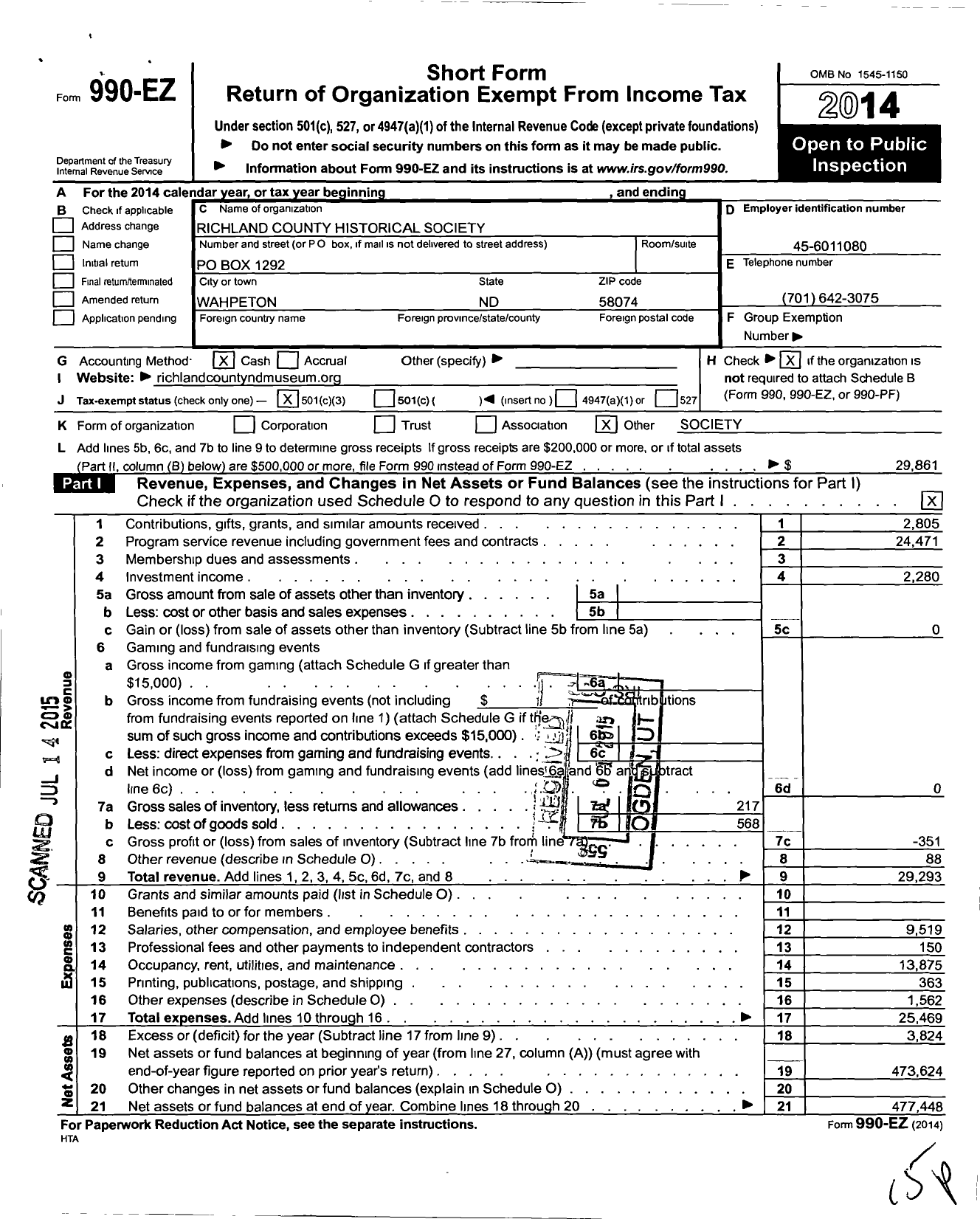 Image of first page of 2014 Form 990EZ for Richland County Historical Society