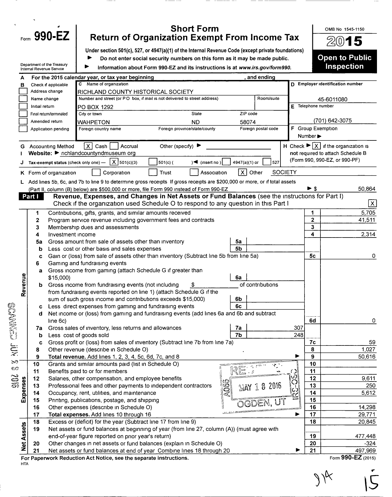 Image of first page of 2015 Form 990EZ for Richland County Historical Society