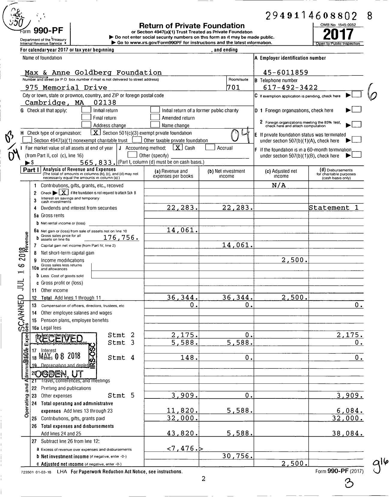 Image of first page of 2017 Form 990PF for Max & Anne Goldberg Foundation