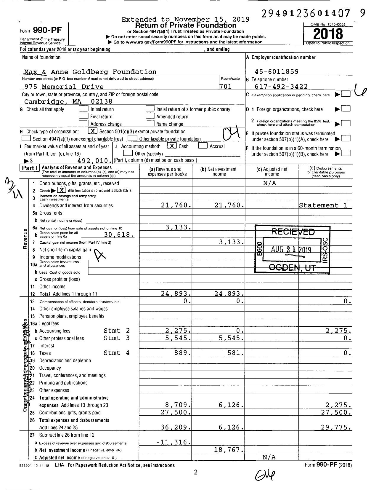 Image of first page of 2018 Form 990PF for Max & Anne Goldberg Foundation