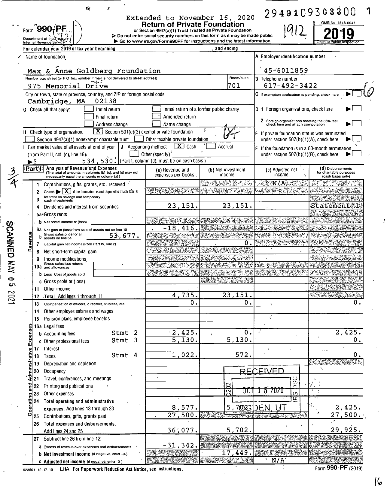 Image of first page of 2019 Form 990PF for Max & Anne Goldberg Foundation