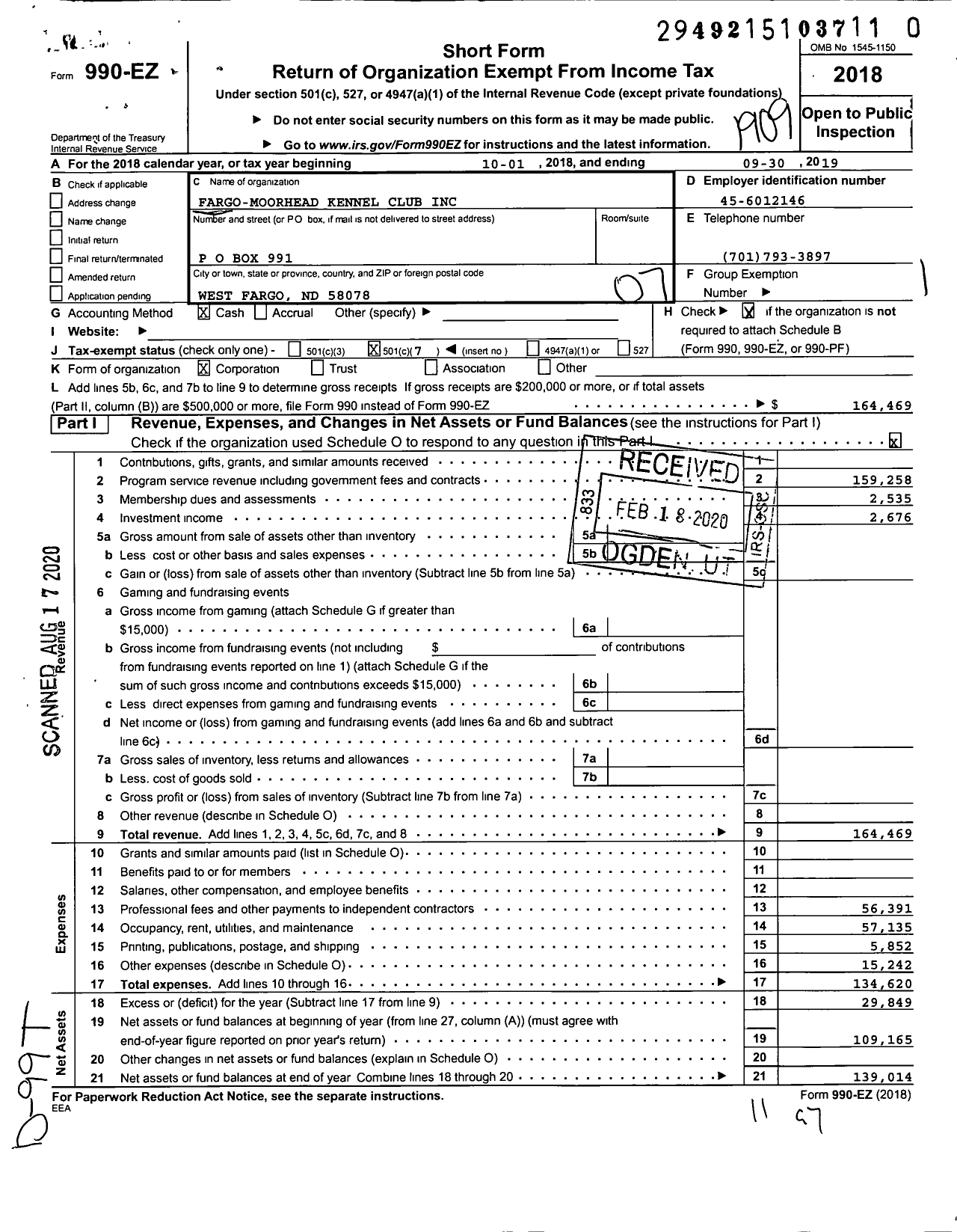 Image of first page of 2018 Form 990EO for Fargo-Moorhead Kennel Club