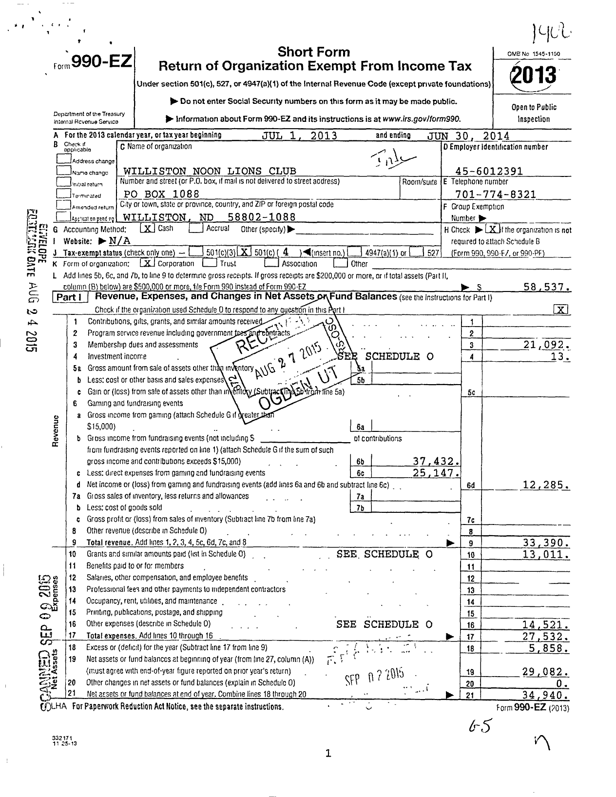 Image of first page of 2013 Form 990EO for Lions Clubs - 3255 Williston