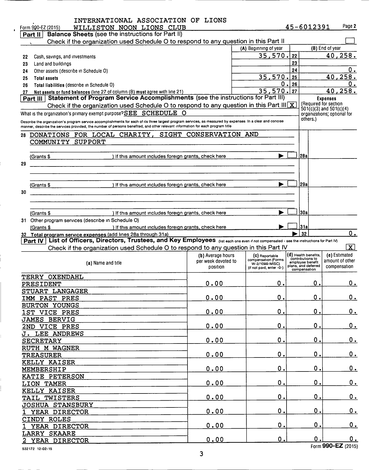 Image of first page of 2015 Form 990EO for Lions Clubs - 3255 Williston