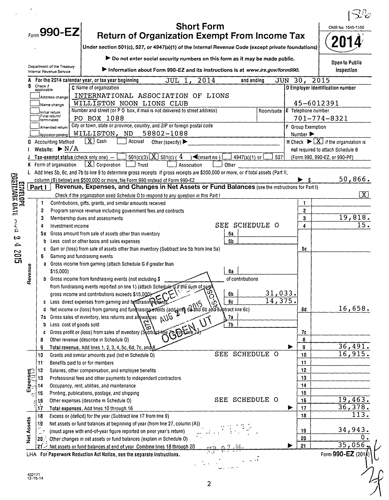 Image of first page of 2014 Form 990EO for Lions Clubs - 3255 Williston