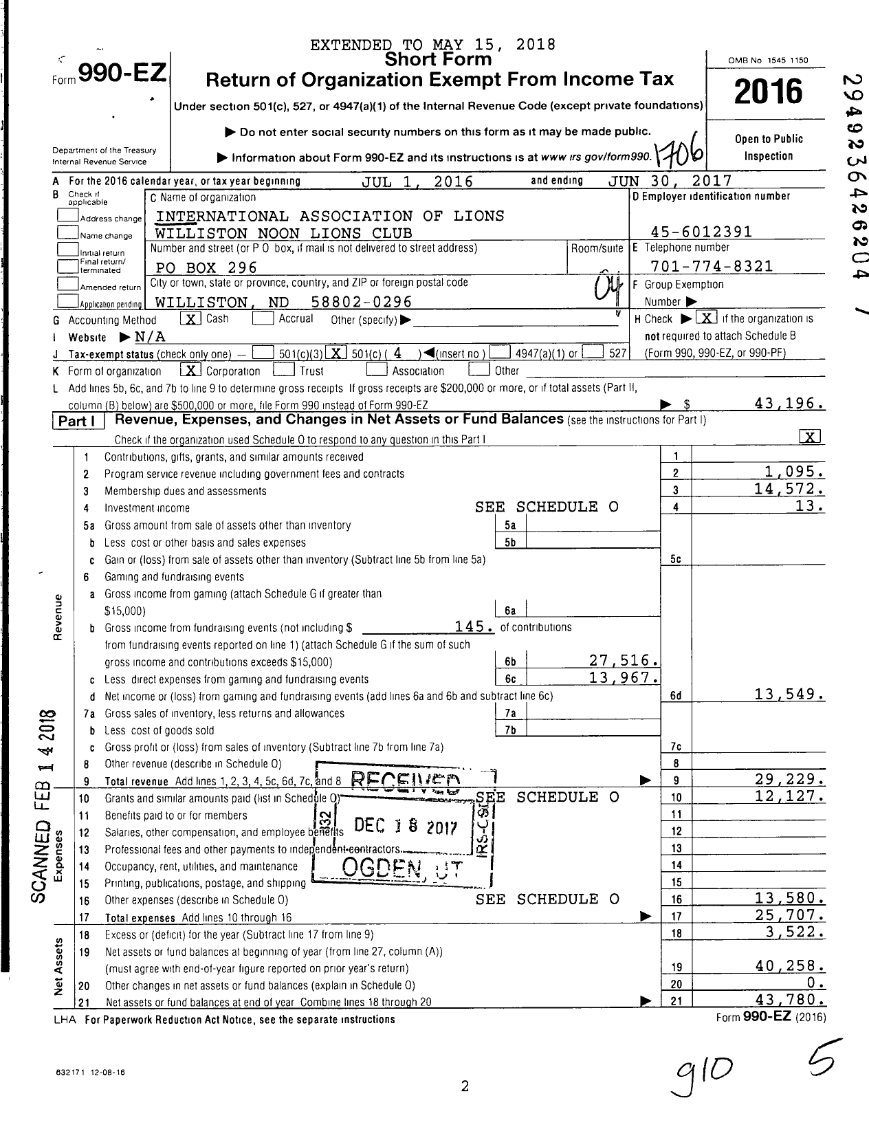 Image of first page of 2016 Form 990EO for Lions Clubs - 3255 Williston