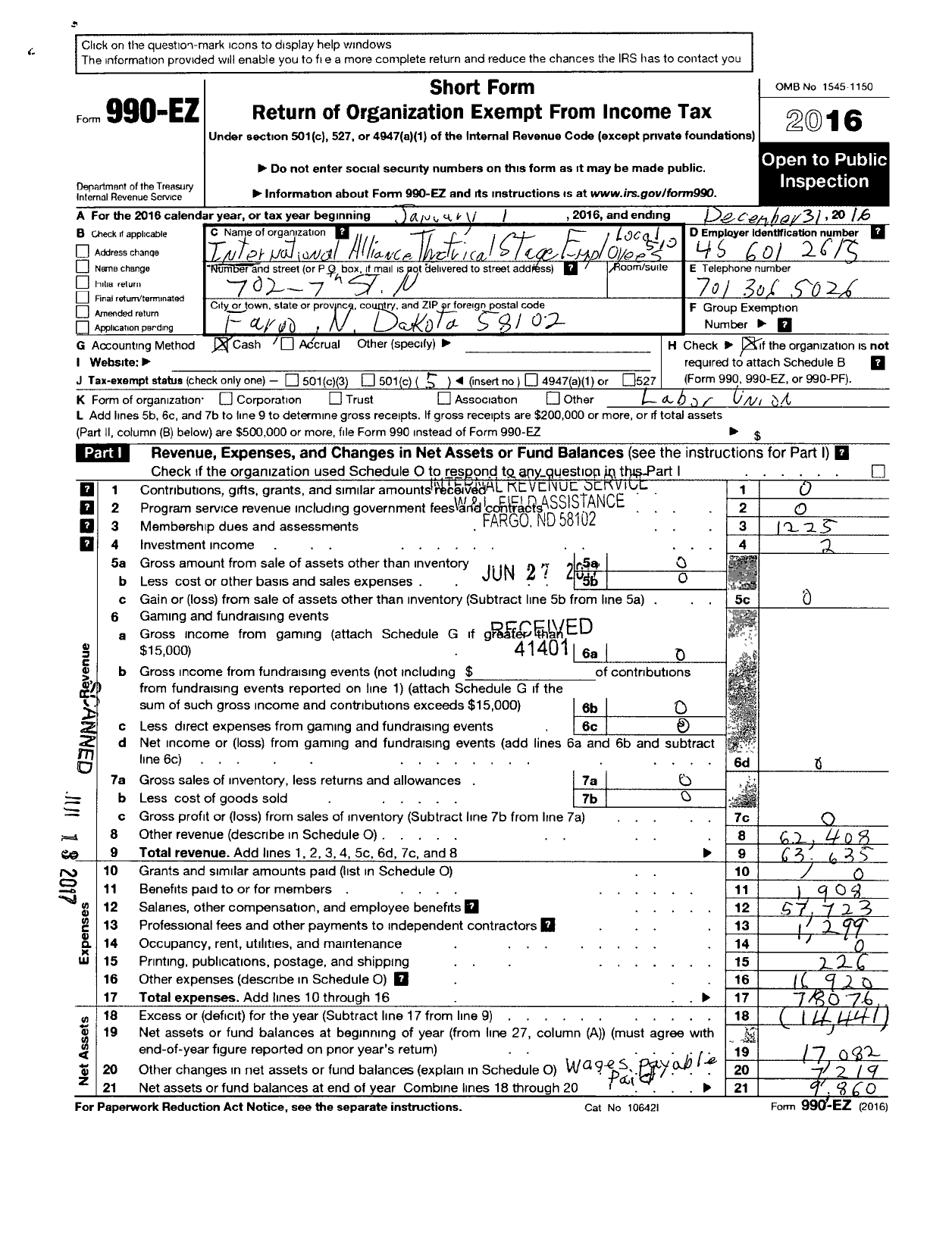 Image of first page of 2016 Form 990EO for International Alliance of Theatrical Stage Employees - 510 Iatse