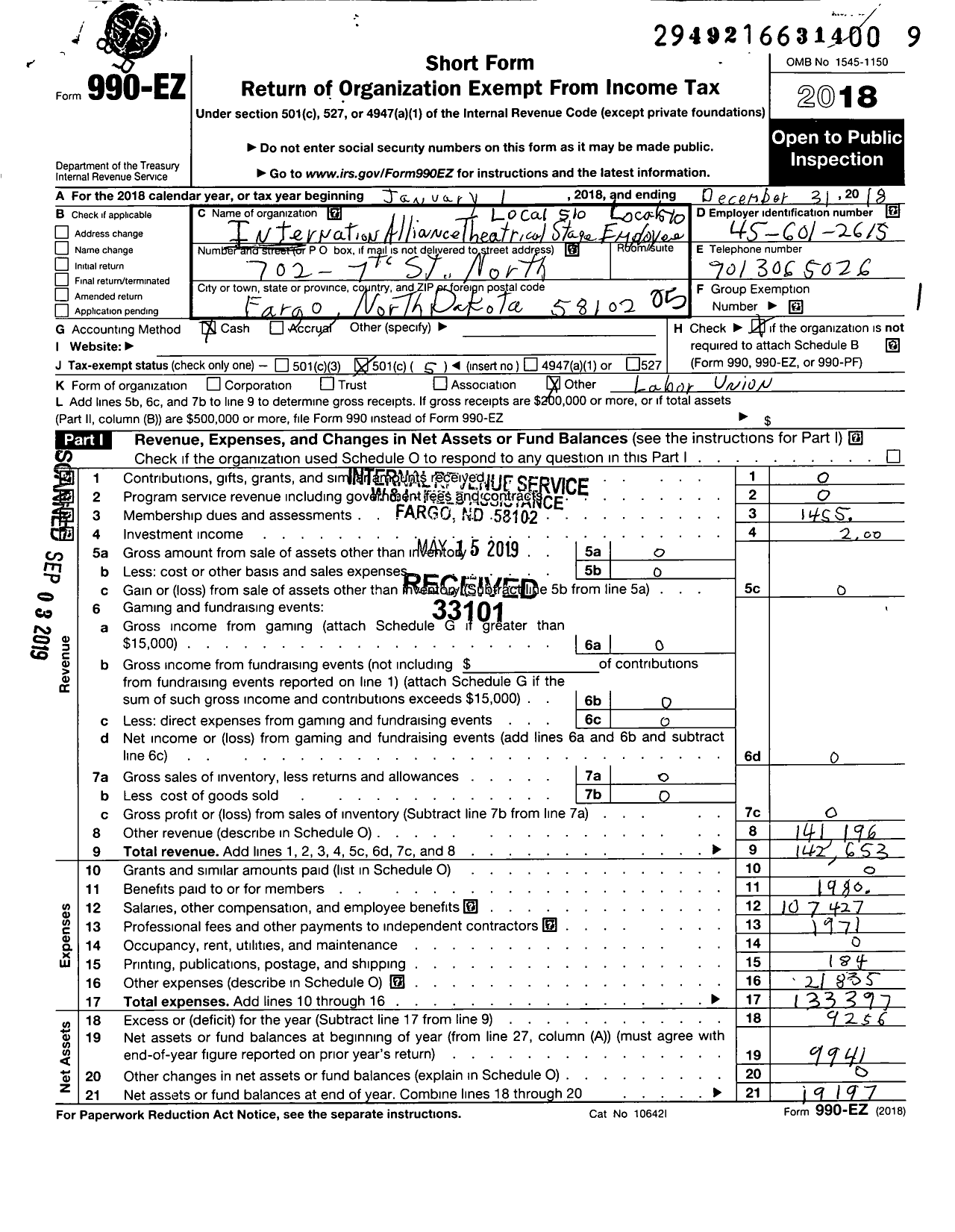 Image of first page of 2018 Form 990EO for International Alliance of Theatrical Stage Employees - 510 Iatse