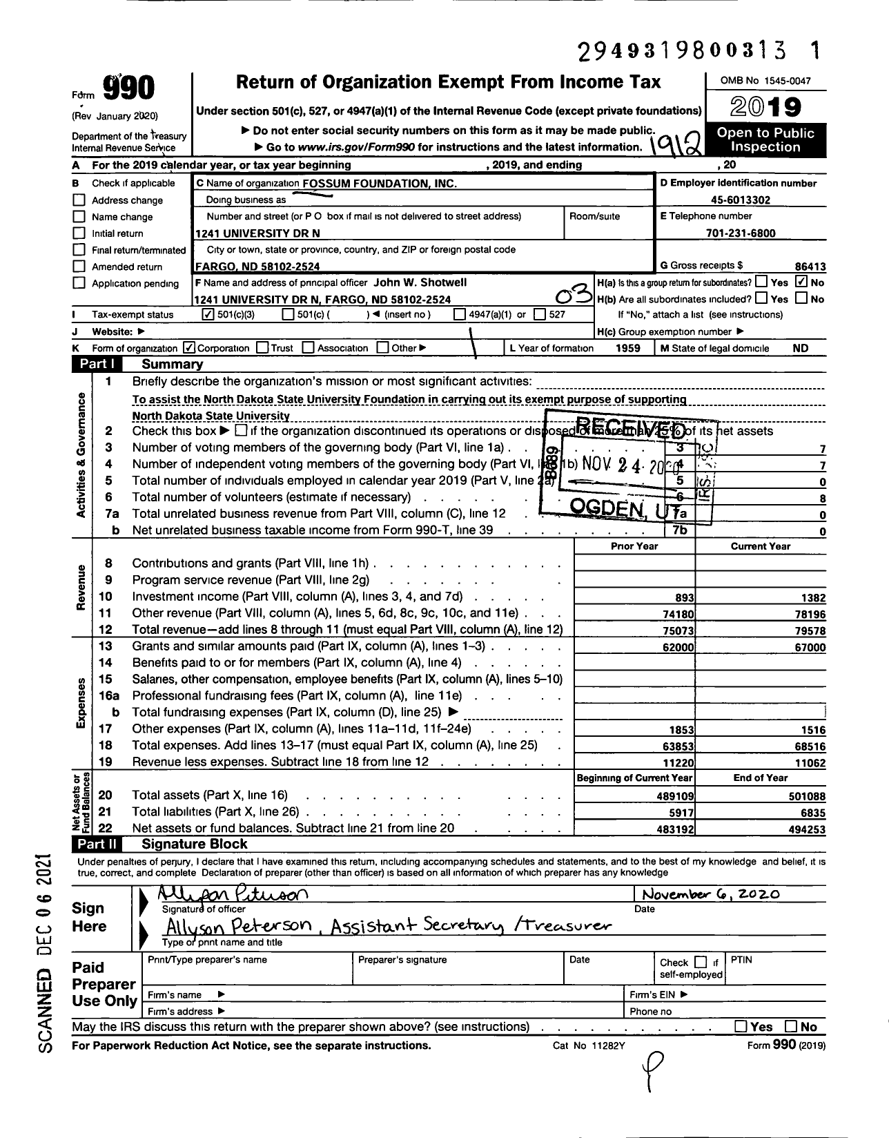 Image of first page of 2019 Form 990 for Fossum Foundation