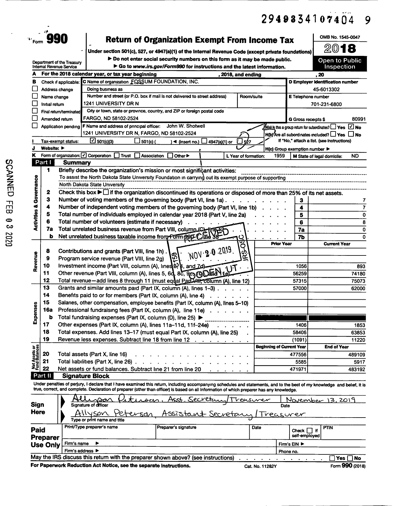 Image of first page of 2018 Form 990 for Fossum Foundation