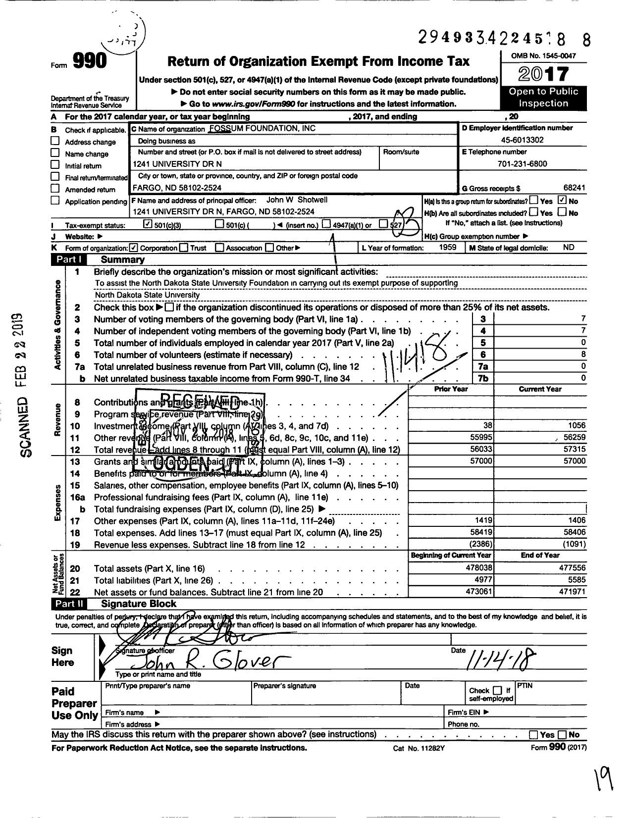 Image of first page of 2017 Form 990 for Fossum Foundation