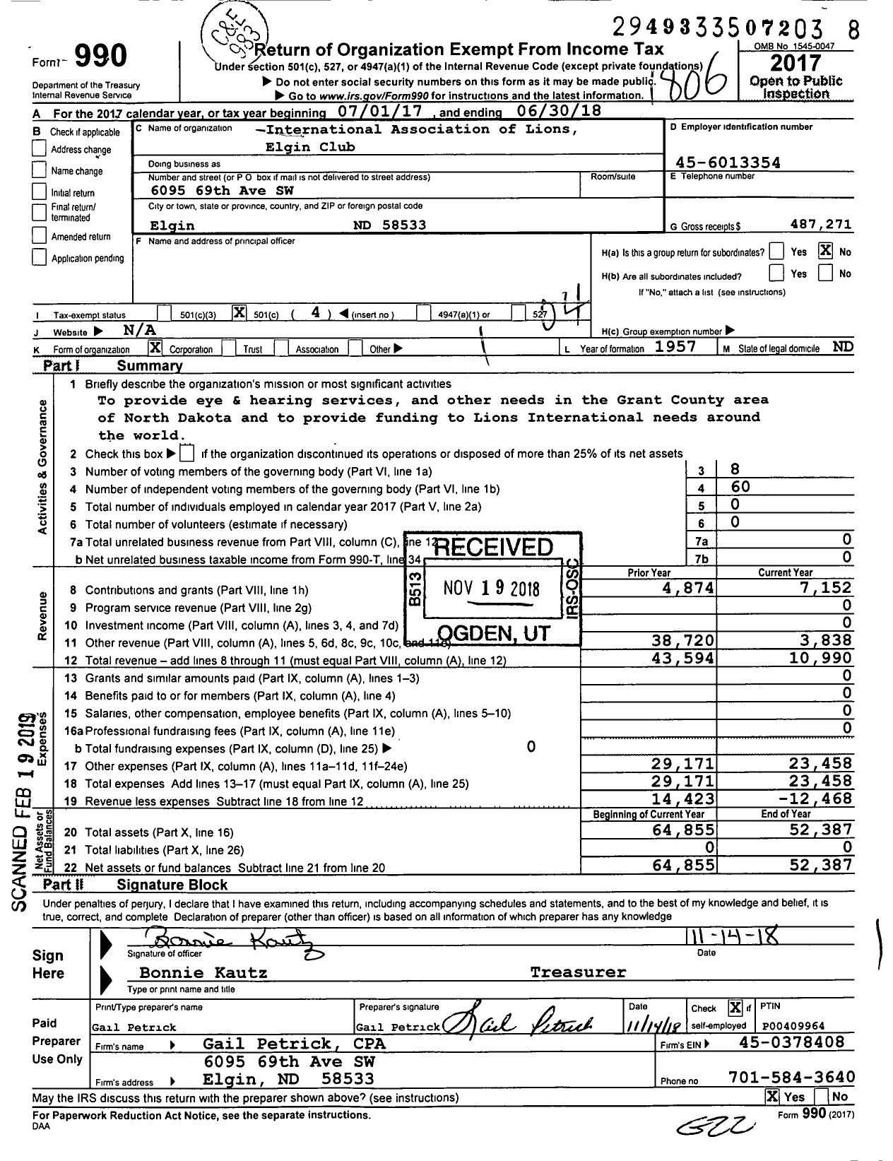 Image of first page of 2017 Form 990O for International Association of Lions Elgin Club