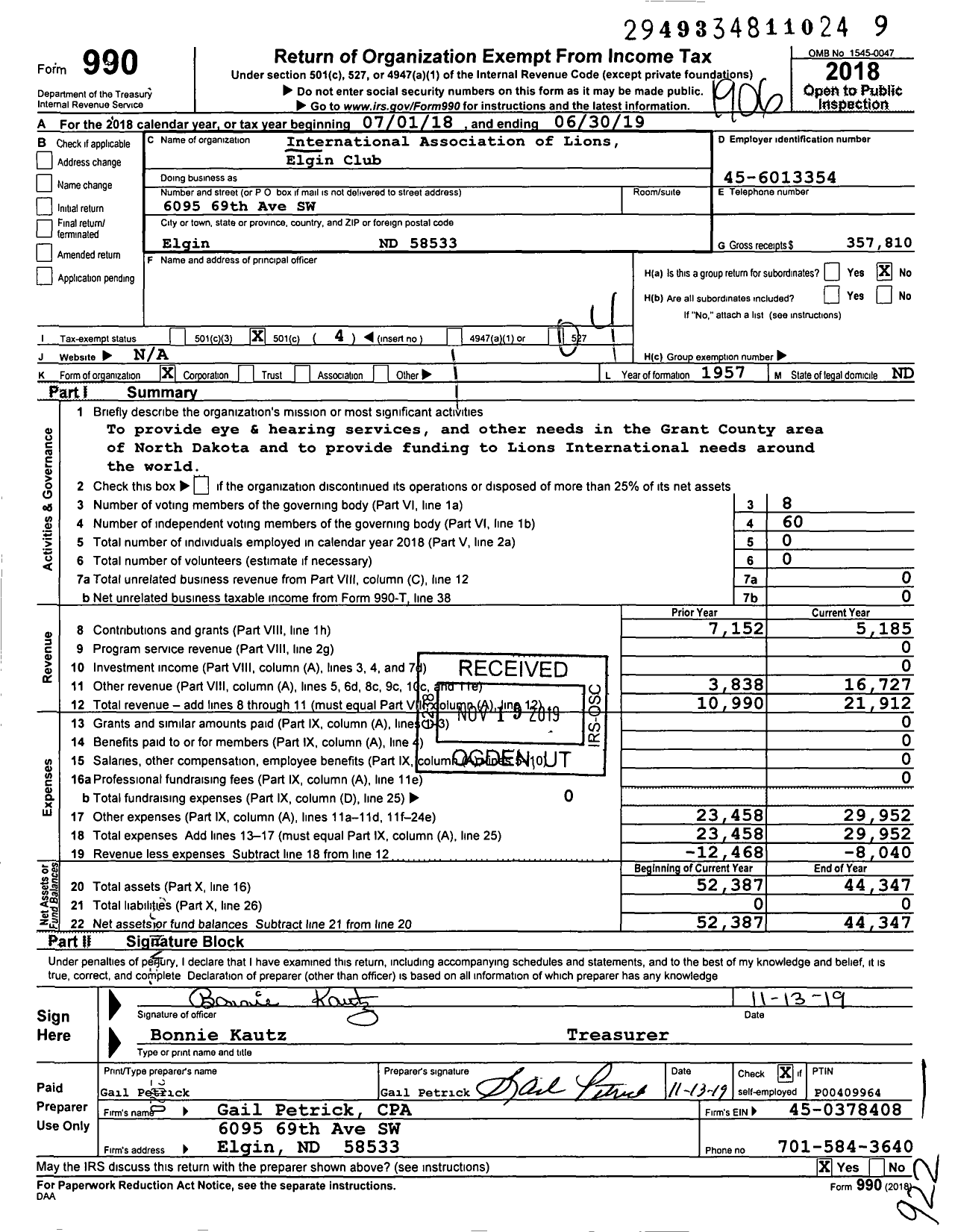 Image of first page of 2018 Form 990O for International Association of Lions Elgin Club