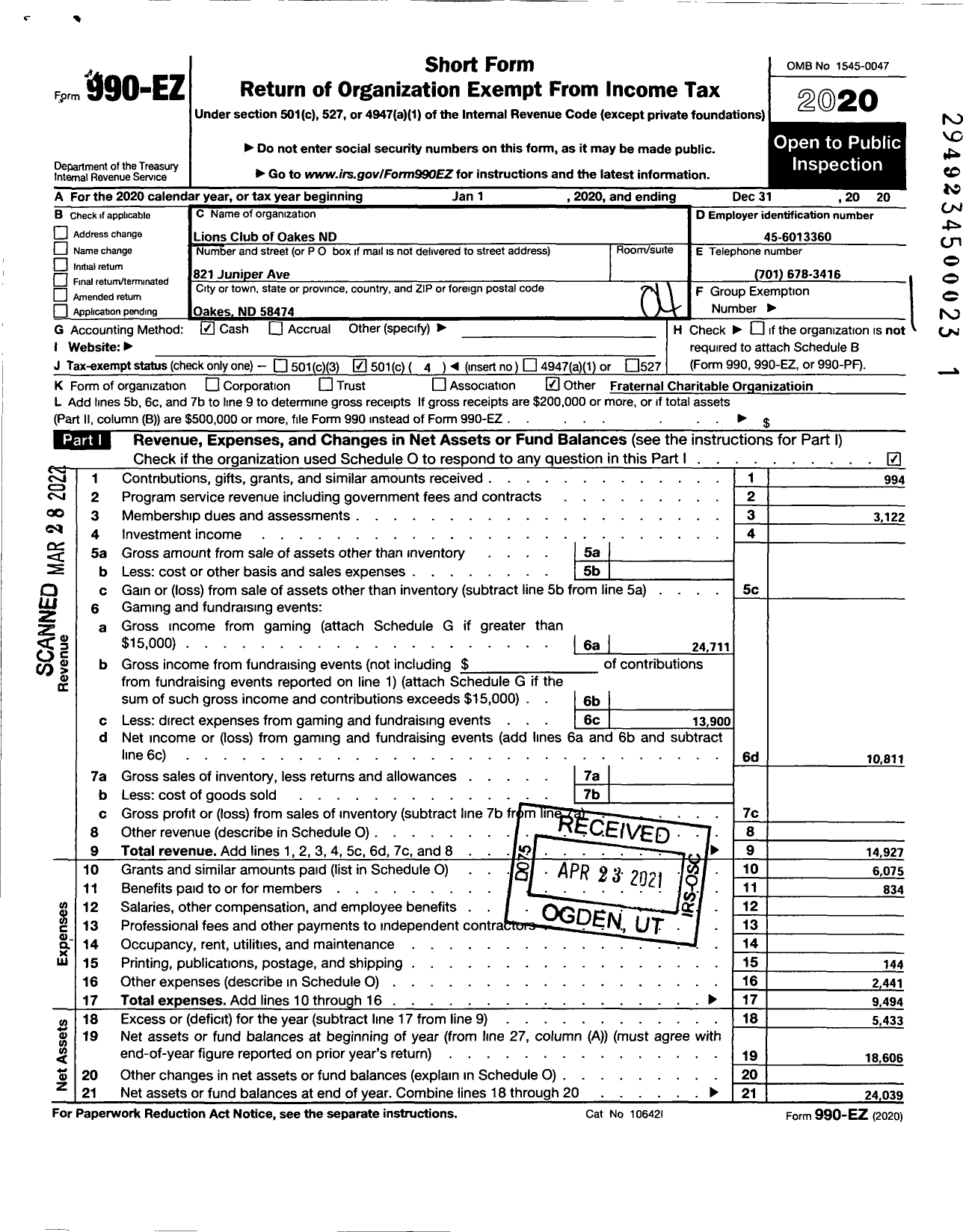 Image of first page of 2020 Form 990EO for Lions Clubs - 3201 Oakes