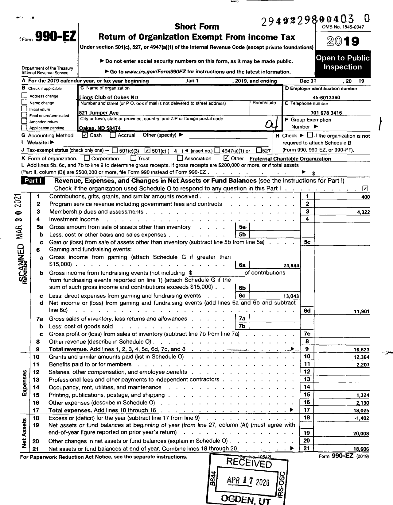 Image of first page of 2019 Form 990EO for Lions Clubs - 3201 Oakes