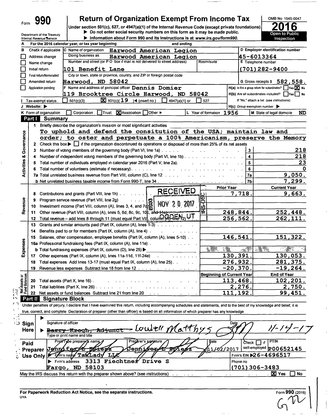 Image of first page of 2016 Form 990O for Harwood American Legion Post 297